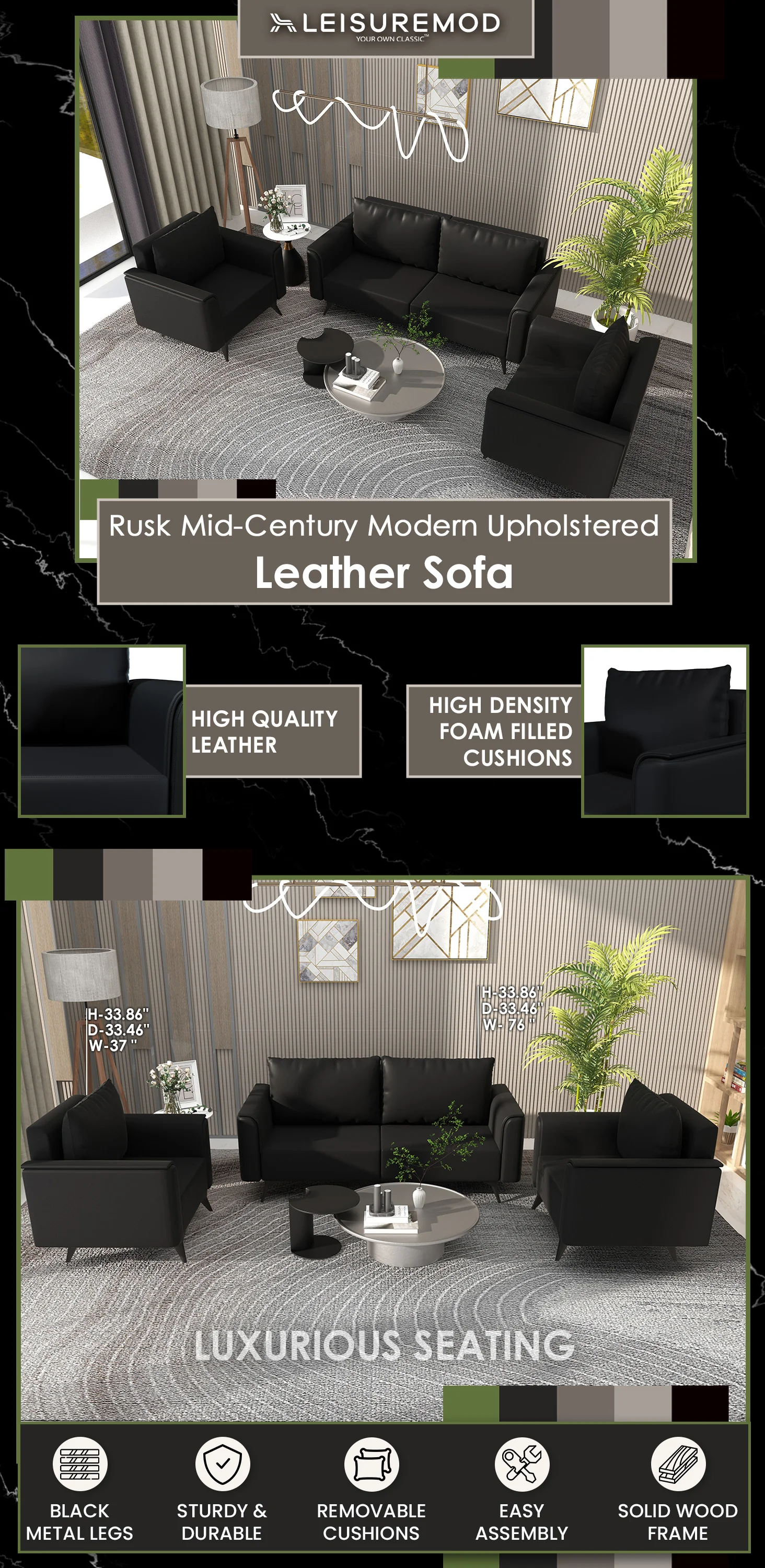 Rusk 3 Piece Sofa collection in Black Leather