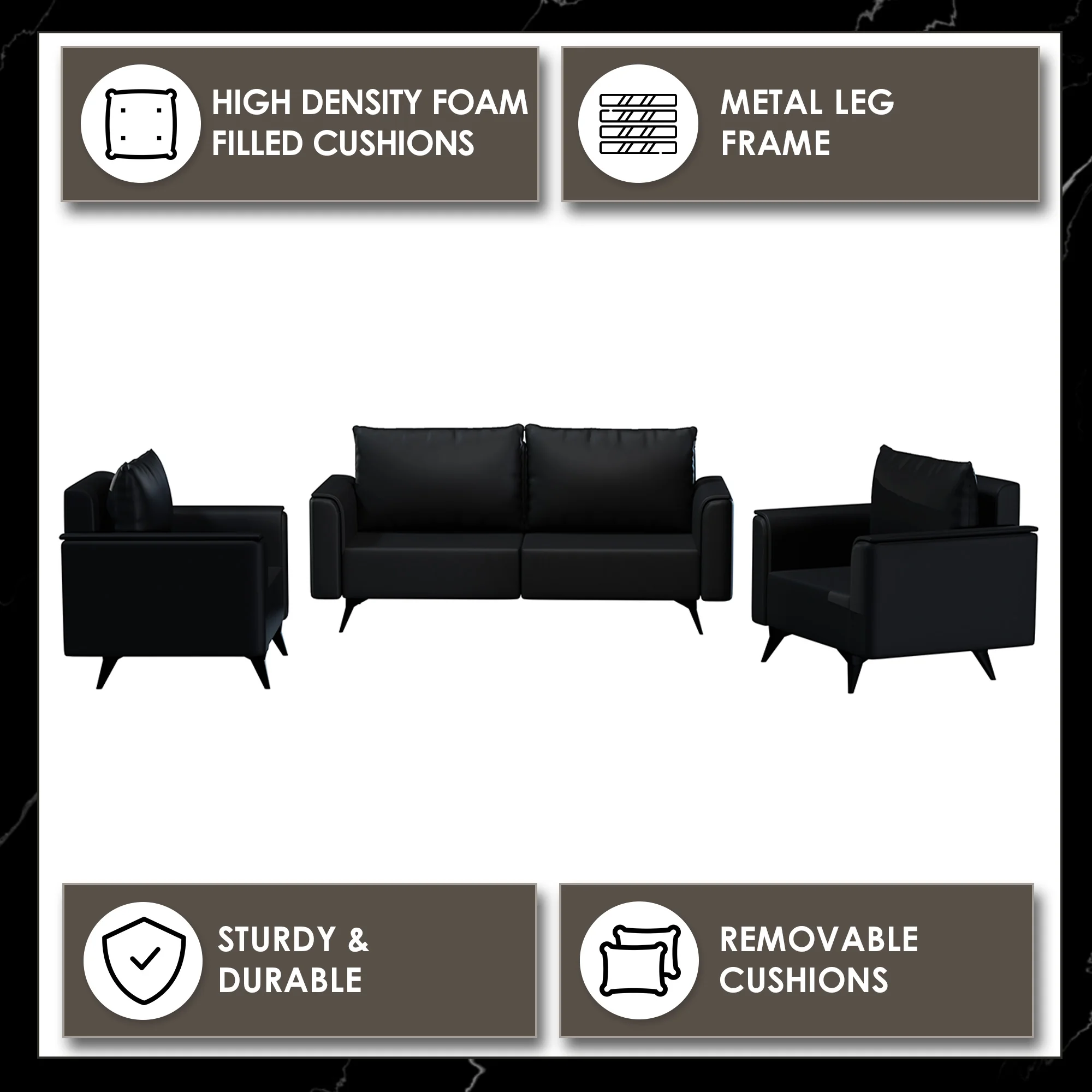 Rusk 3 Piece Sofa collection in Black Leather