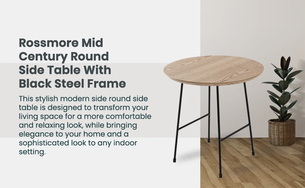 Rossmore Mid Century Modern Round Side Table With Black Steel Frame