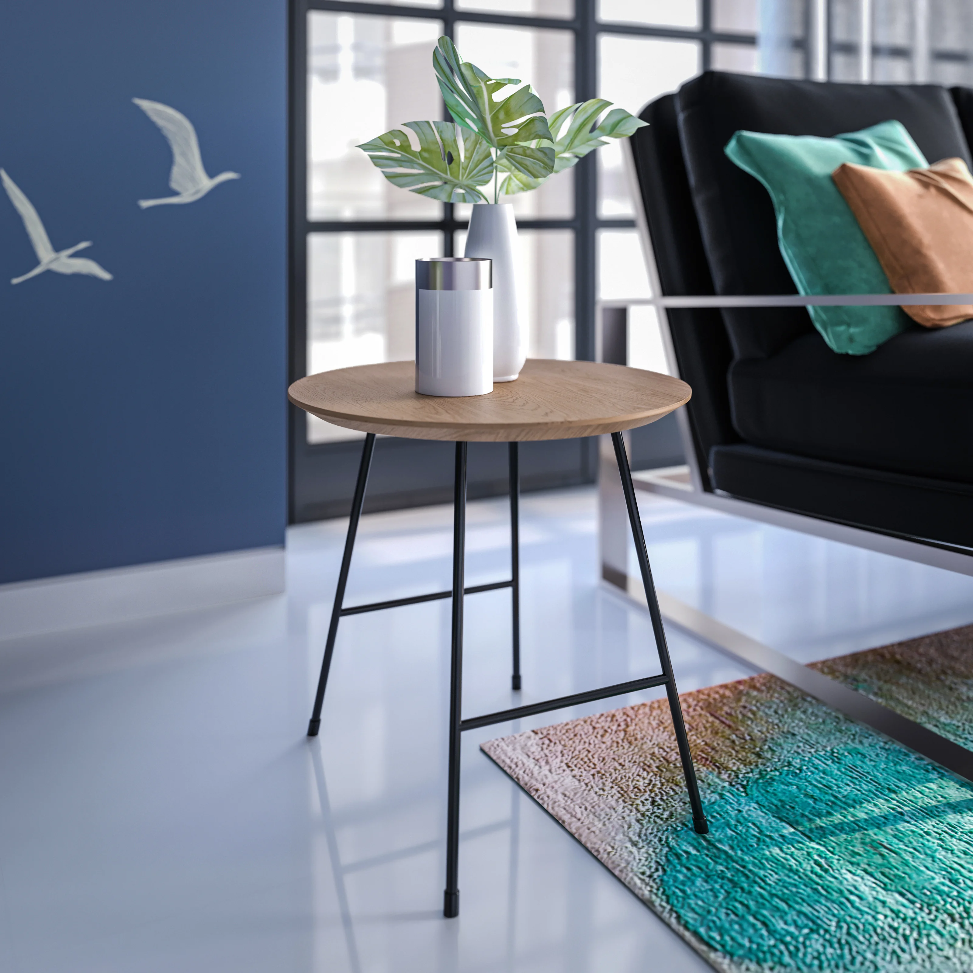 Rossmore Mid Century Modern Round Side Table With Black Steel Frame