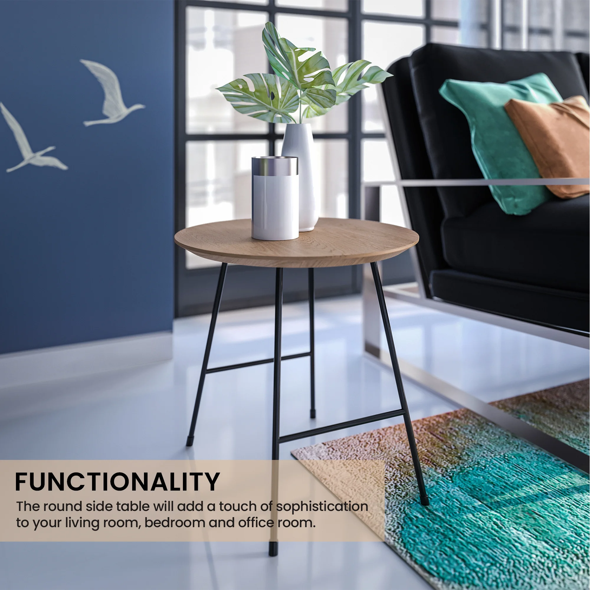 Rossmore Mid Century Modern Round Side Table With Black Steel Frame