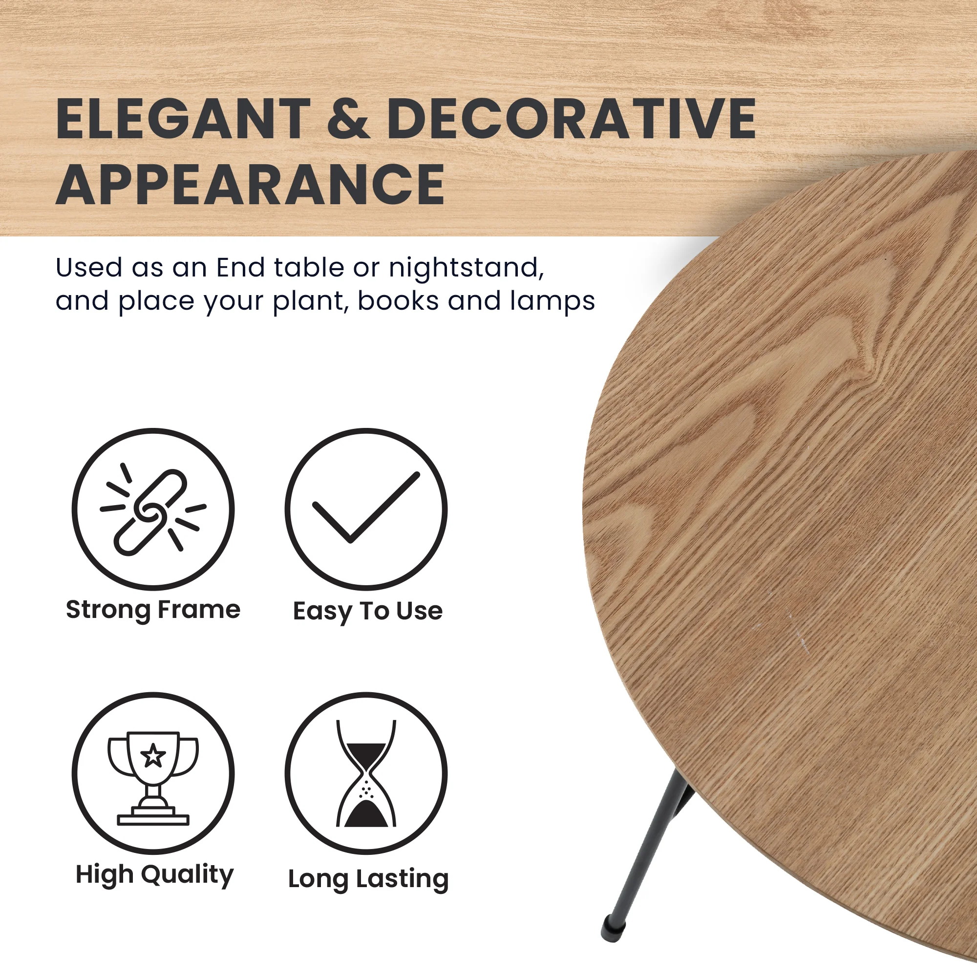 Rossmore Mid Century Modern Round Side Table With Black Steel Frame