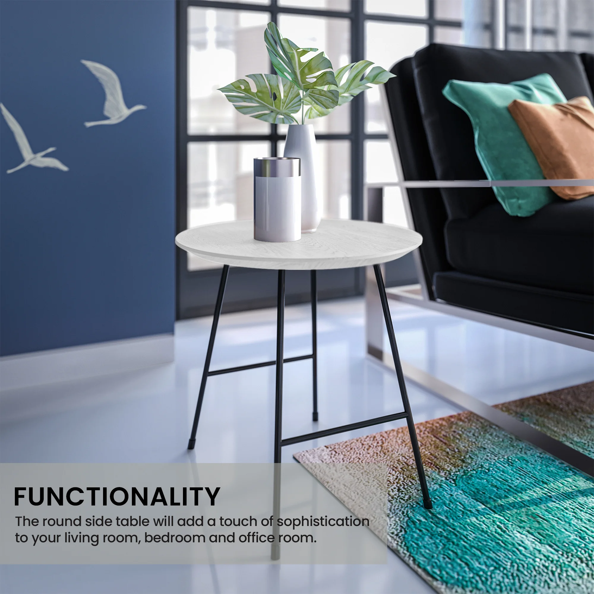 Rossmore Mid Century Modern Round Side Table With Black Steel Frame