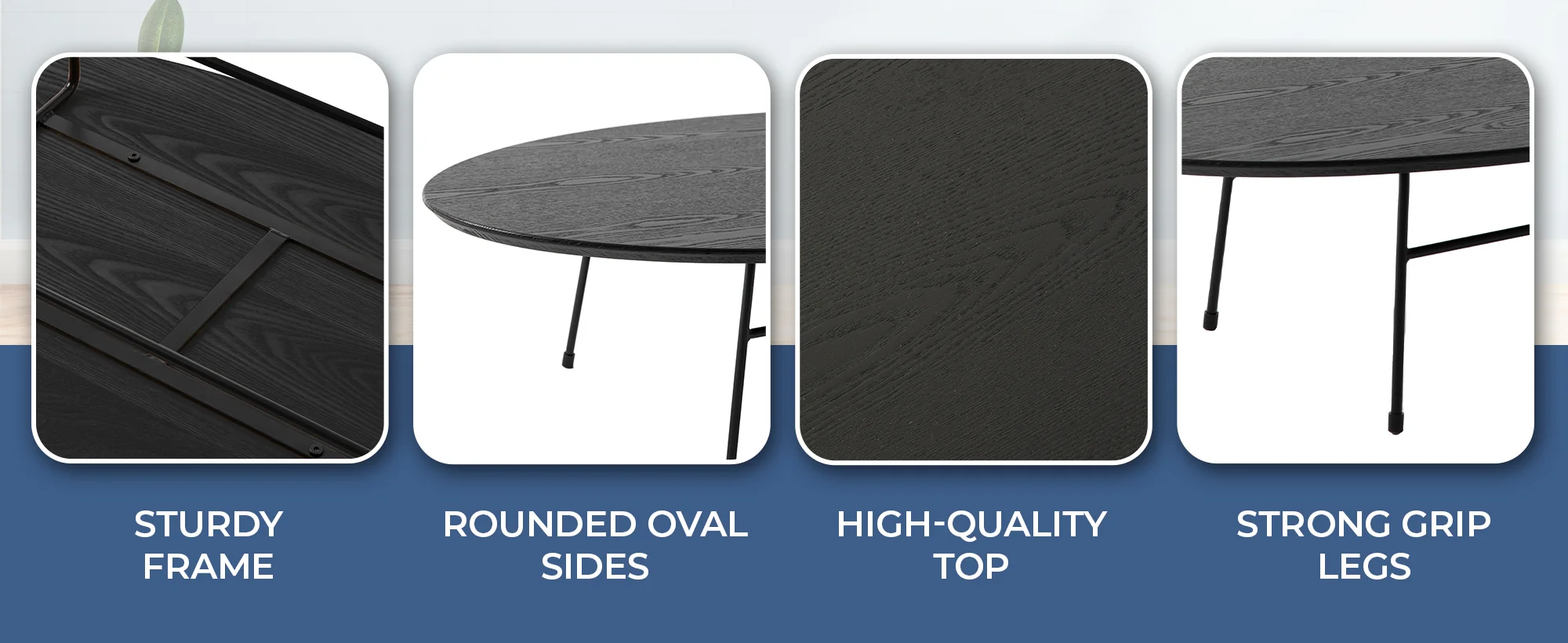 Rossmore Oval Coffee Table with Ash Veneer Top and Black Powder Coated Steel Frame in Black