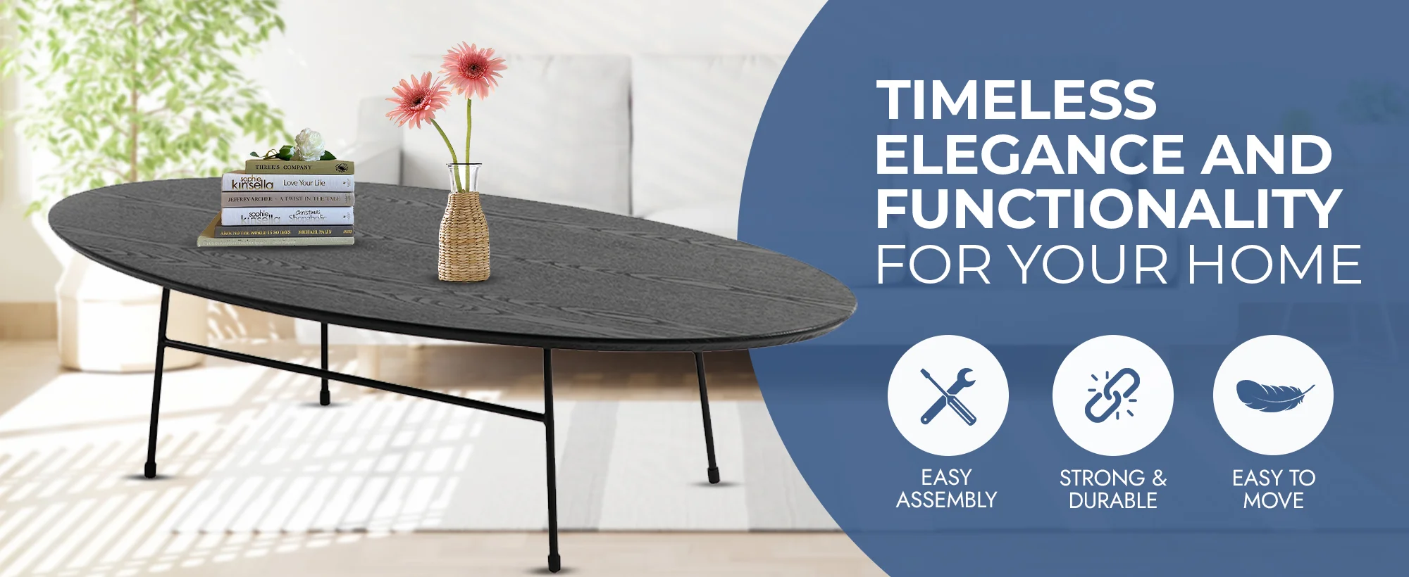 Rossmore Oval Coffee Table with Ash Veneer Top and Black Powder Coated Steel Frame in Black