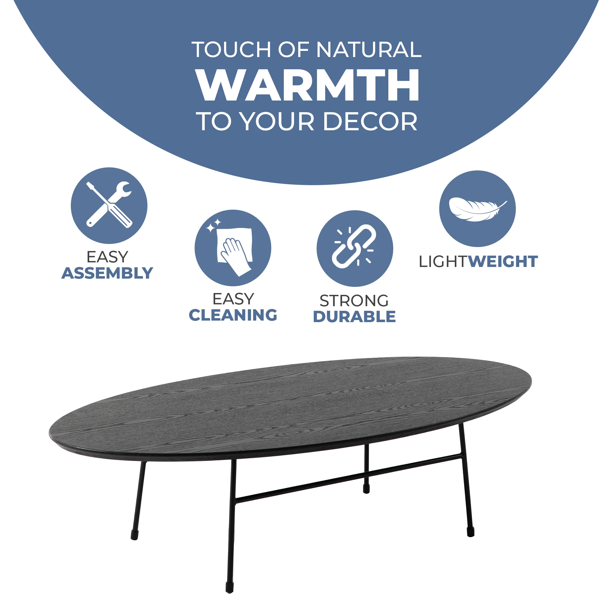 Rossmore Oval Coffee Table with Ash Veneer Top and Black Powder Coated Steel Frame in Black