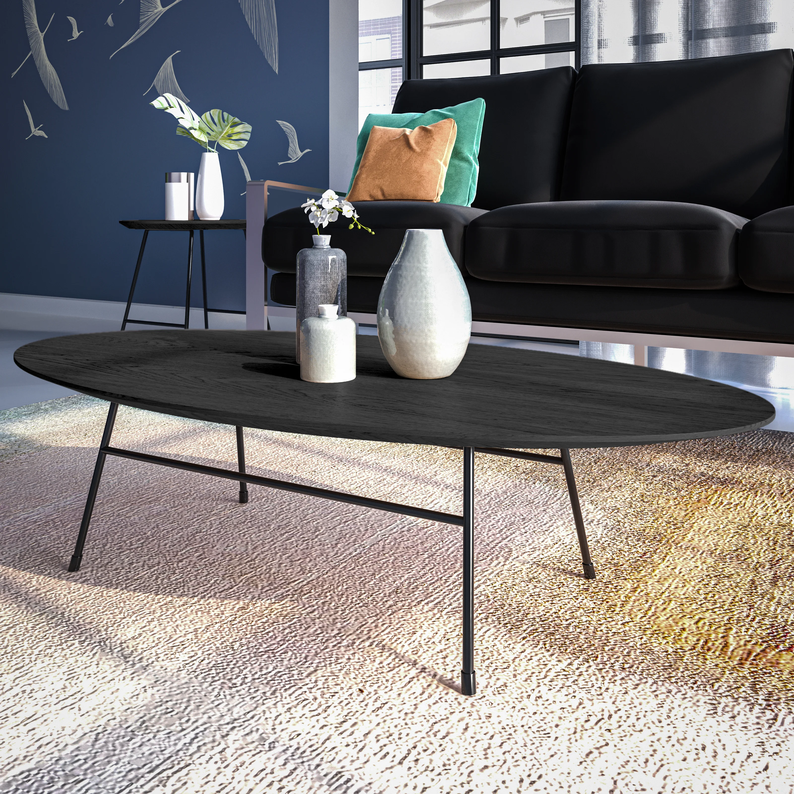 Rossmore Oval Coffee Table with Ash Veneer Top and Black Powder Coated Steel Frame in Black