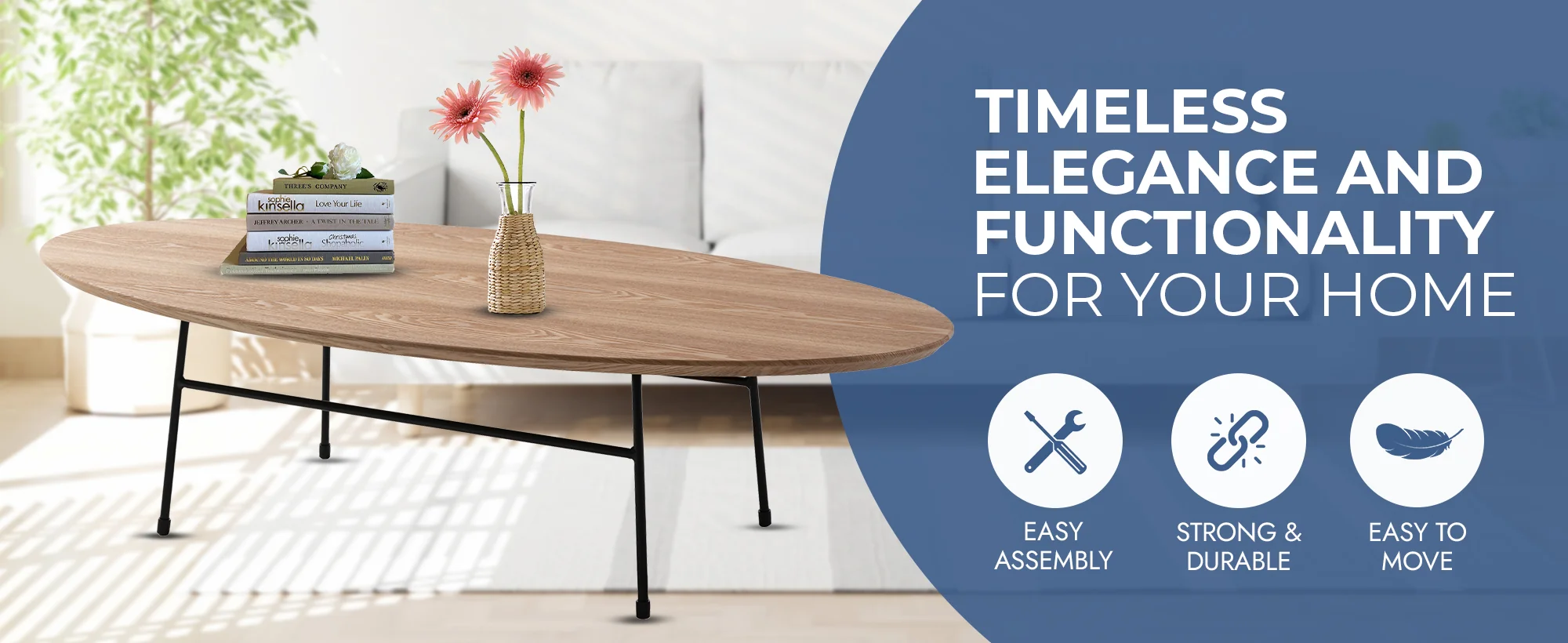 Rossmore Oval Coffee Table with Ash Veneer Top and Black Powder Coated Steel Frame in Natural Wood