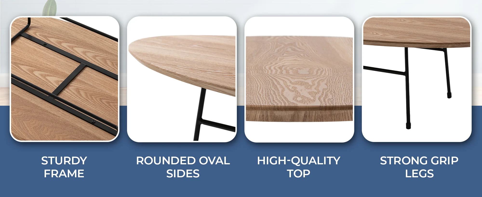 Rossmore Oval Coffee Table with Ash Veneer Top and Black Powder Coated Steel Frame in Natural Wood