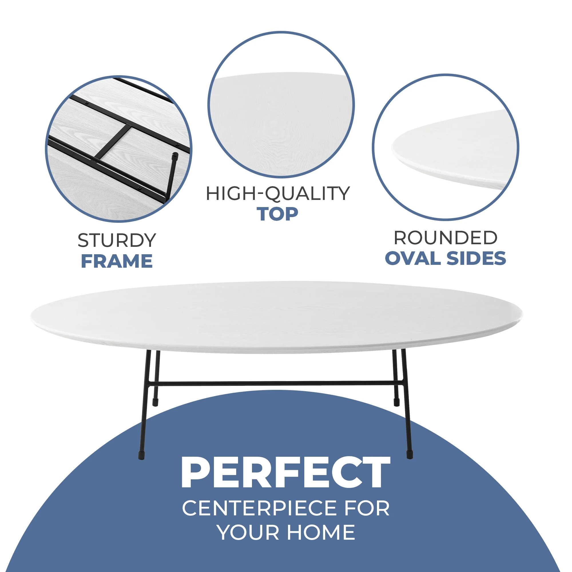 Rossmore Oval Coffee Table with Ash Veneer Top and Black Powder Coated Steel Frame in White