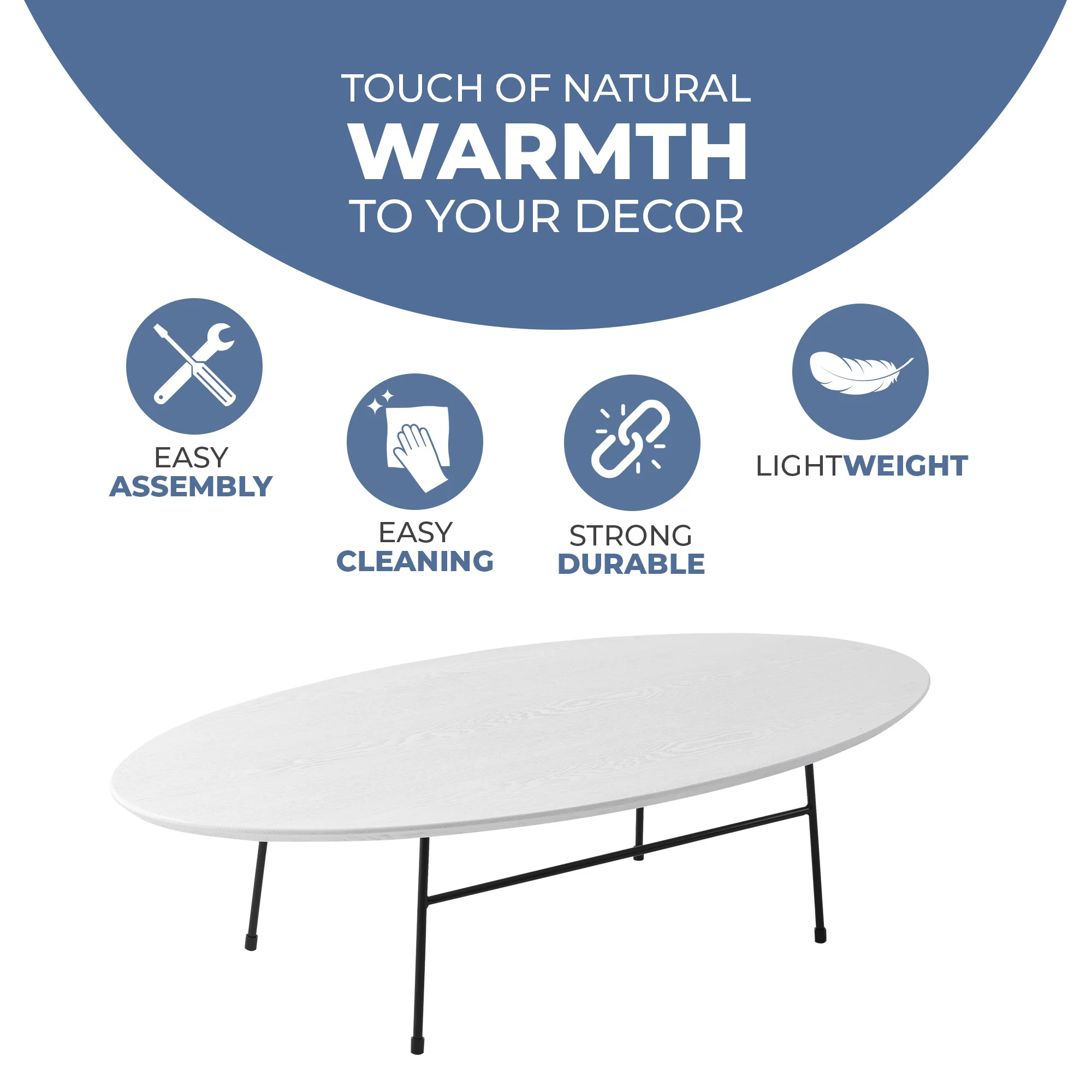 Rossmore Oval Coffee Table with Ash Veneer Top and Black Powder Coated Steel Frame in White