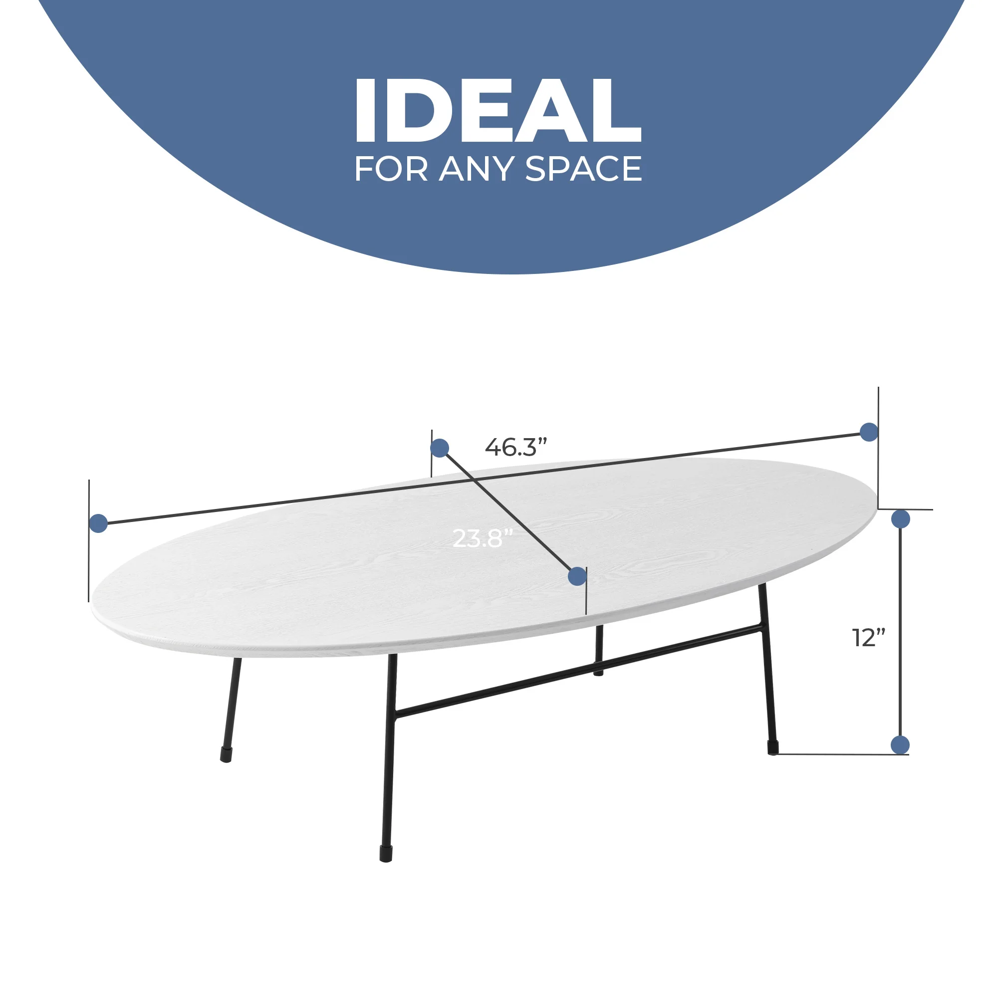 Rossmore Oval Coffee Table with Ash Veneer Top and Black Powder Coated Steel Frame in White