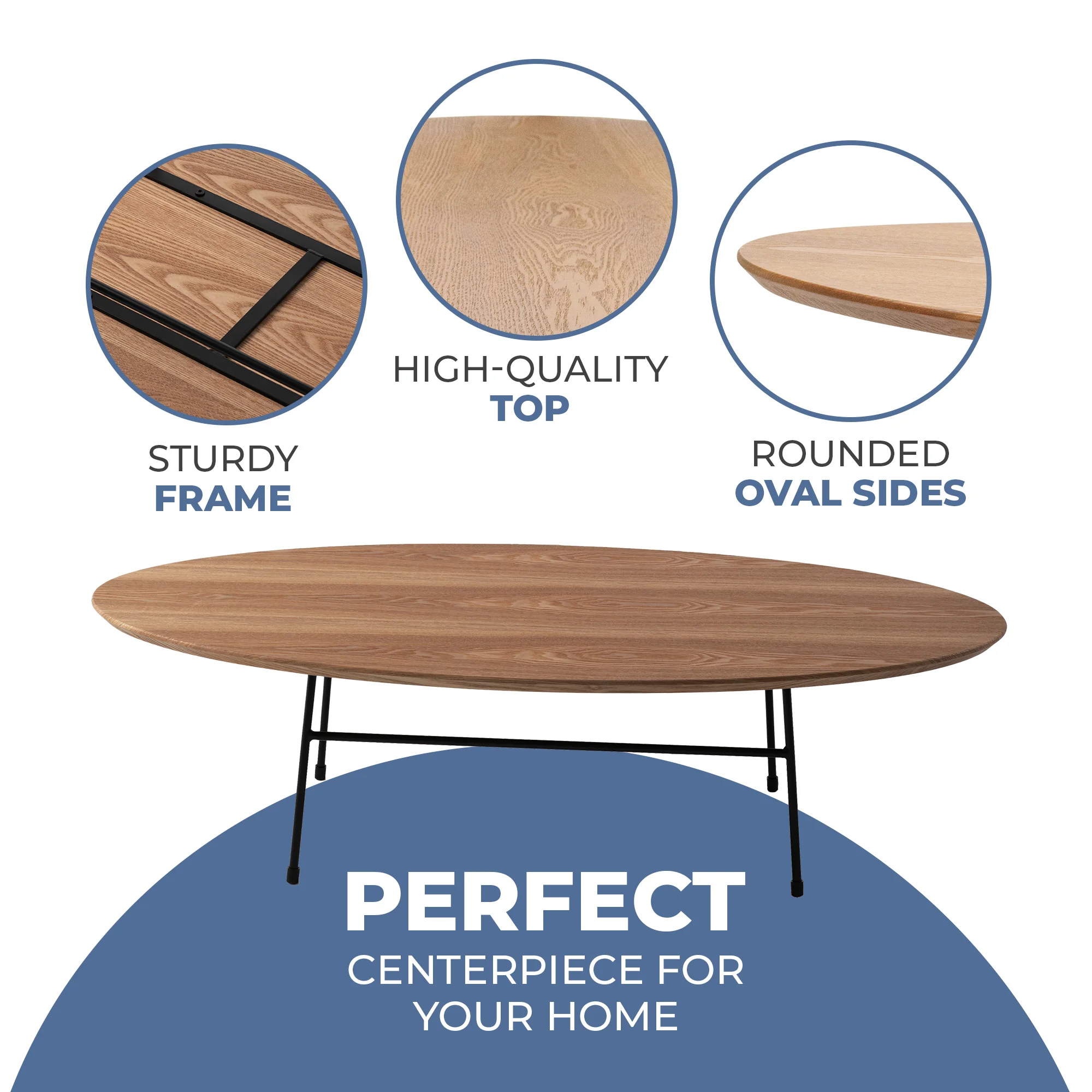 Rossmore Oval Coffee Table with Ash Veneer Top and Black Powder Coated Steel Frame in Walnut