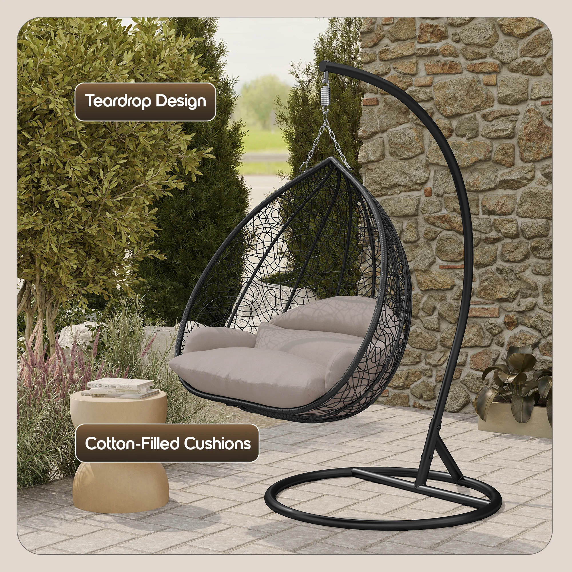 Recluse Collection Modern Outdoor Swing Chair Black Frame with ES57 Beige Cushion