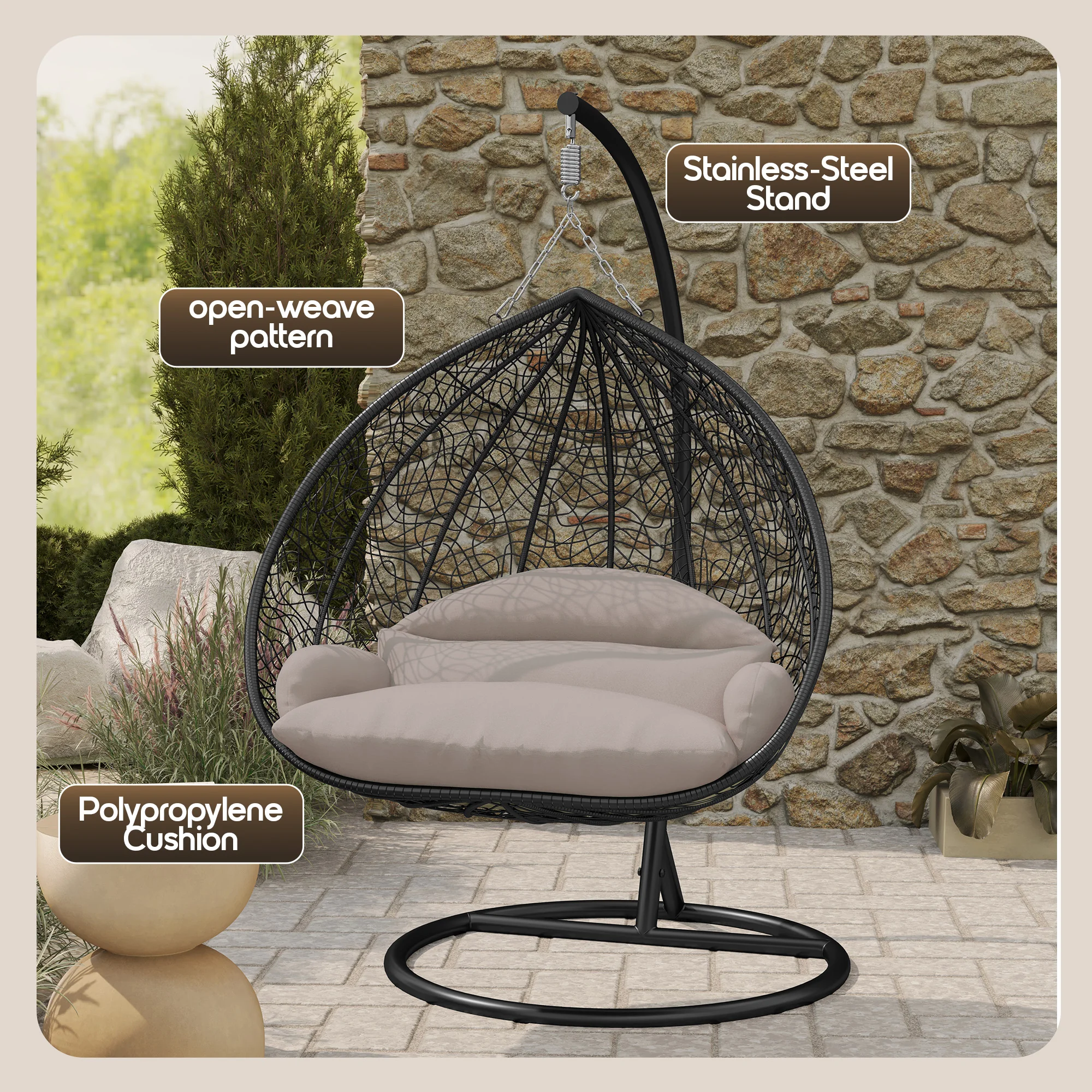 Recluse Collection Modern Outdoor Swing Chair Black Frame with ES57 Beige Cushion