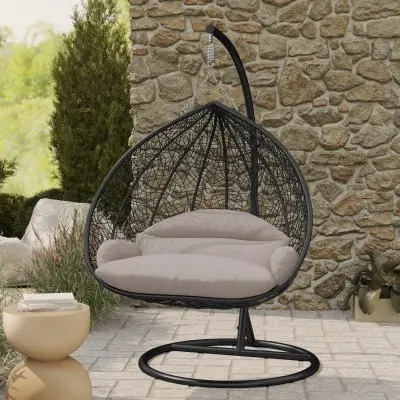 Recluse Collection Modern Outdoor Swing Chair Black Frame with ES57 Beige Cushion