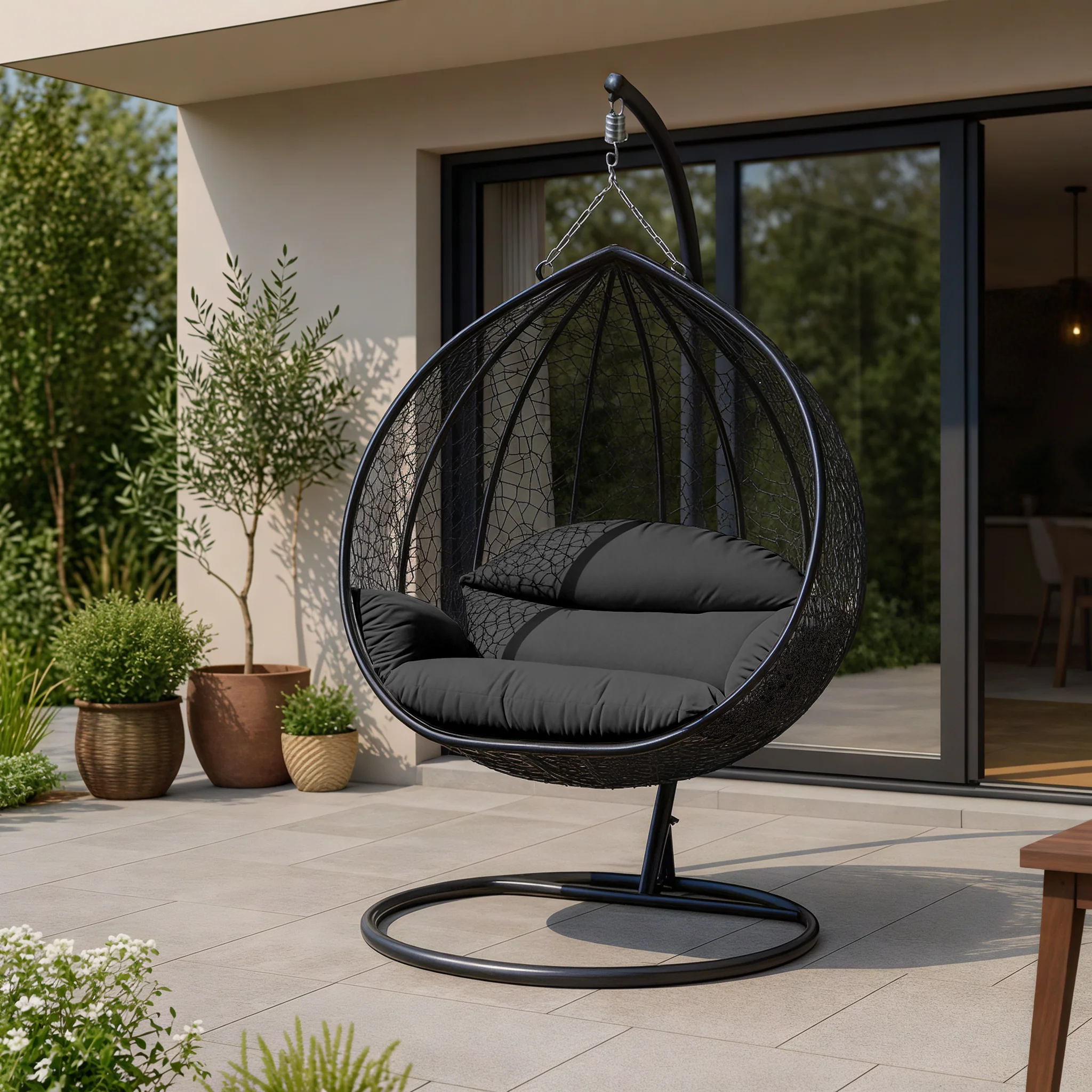 Recluse Collection Modern Outdoor Swing Chair Black Frame with ES57 Black Cushion