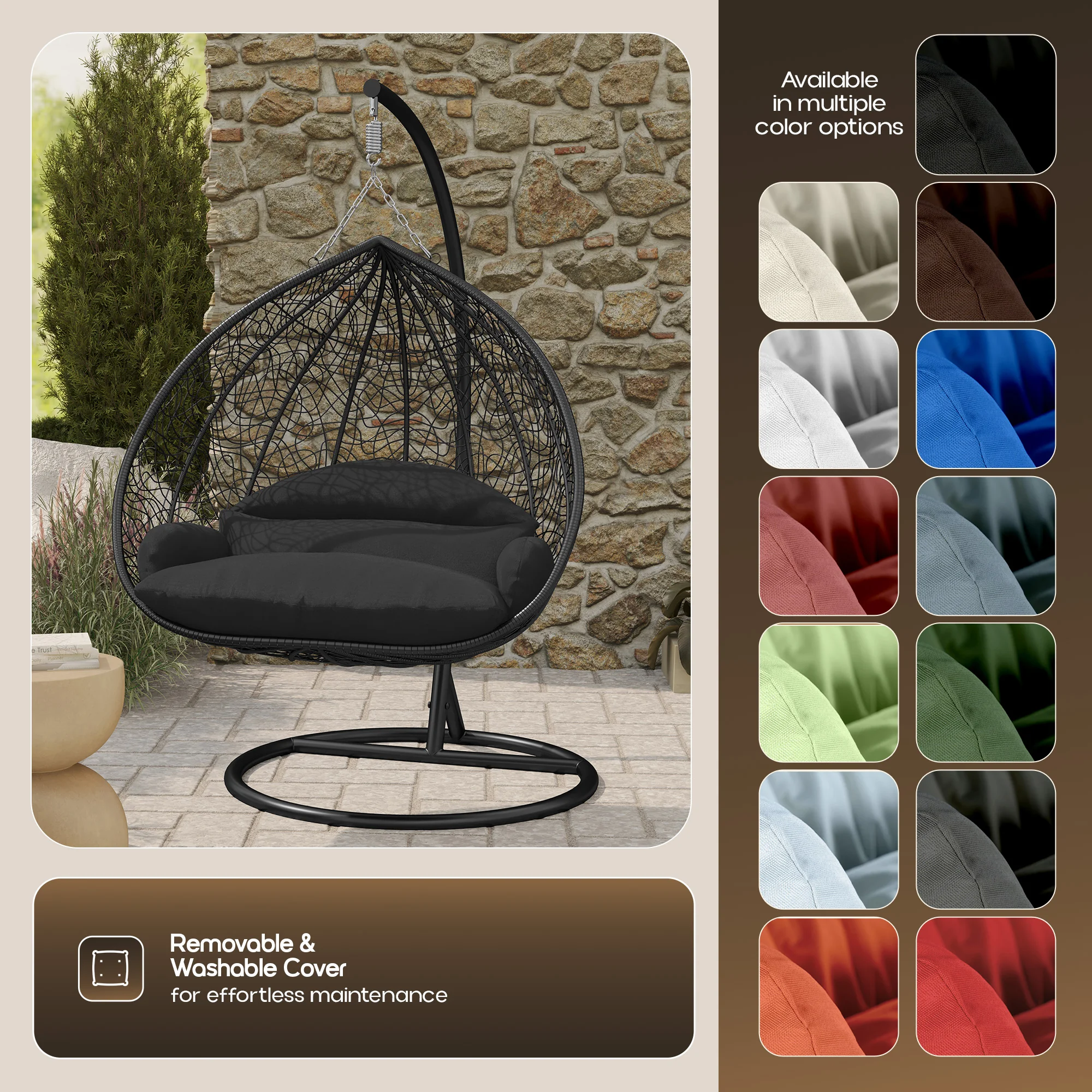 Recluse Collection Modern Outdoor Swing Chair Black Frame with ES57 Black Cushion