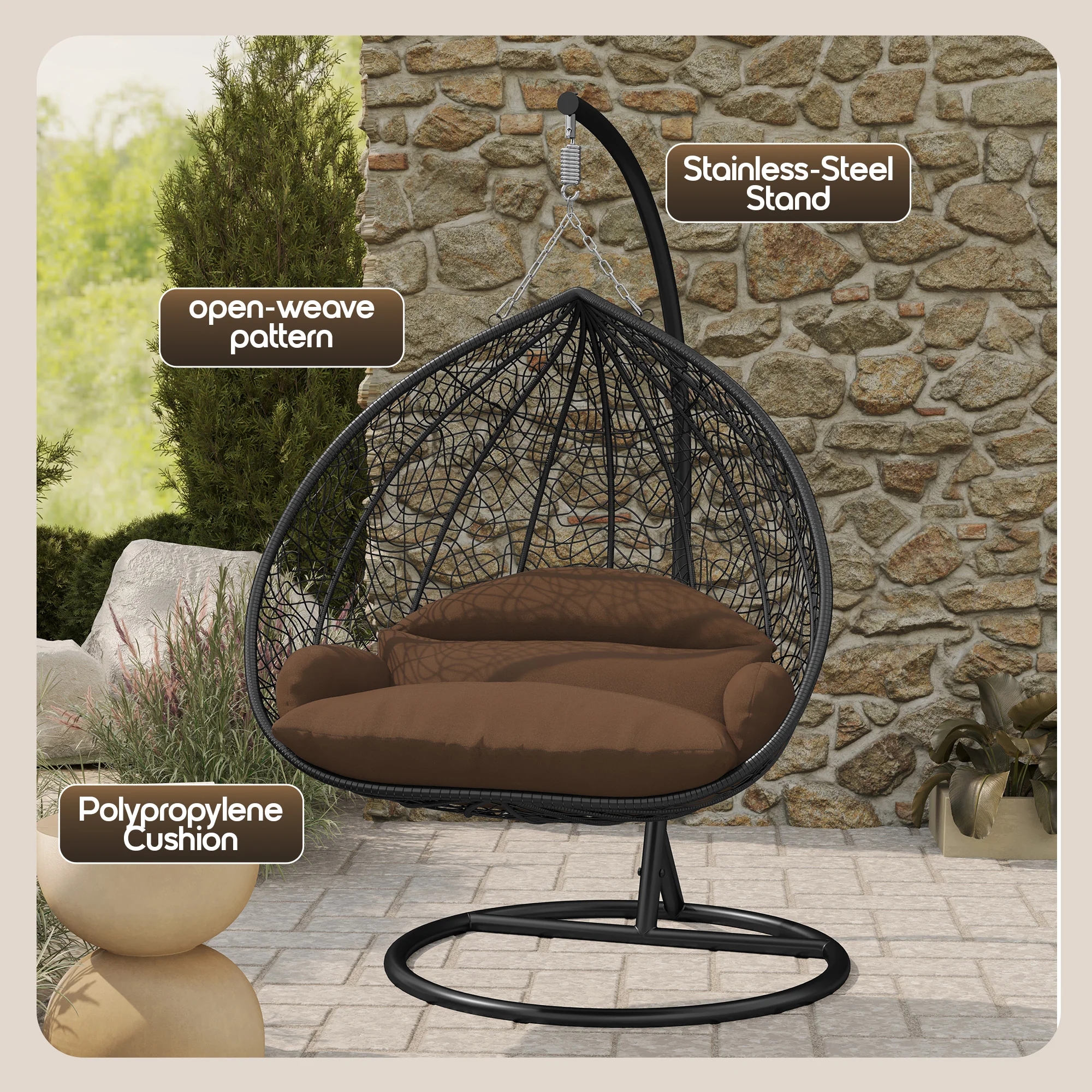 Recluse Collection Modern Outdoor Swing Chair Black Frame with ES57 Brown Cushion