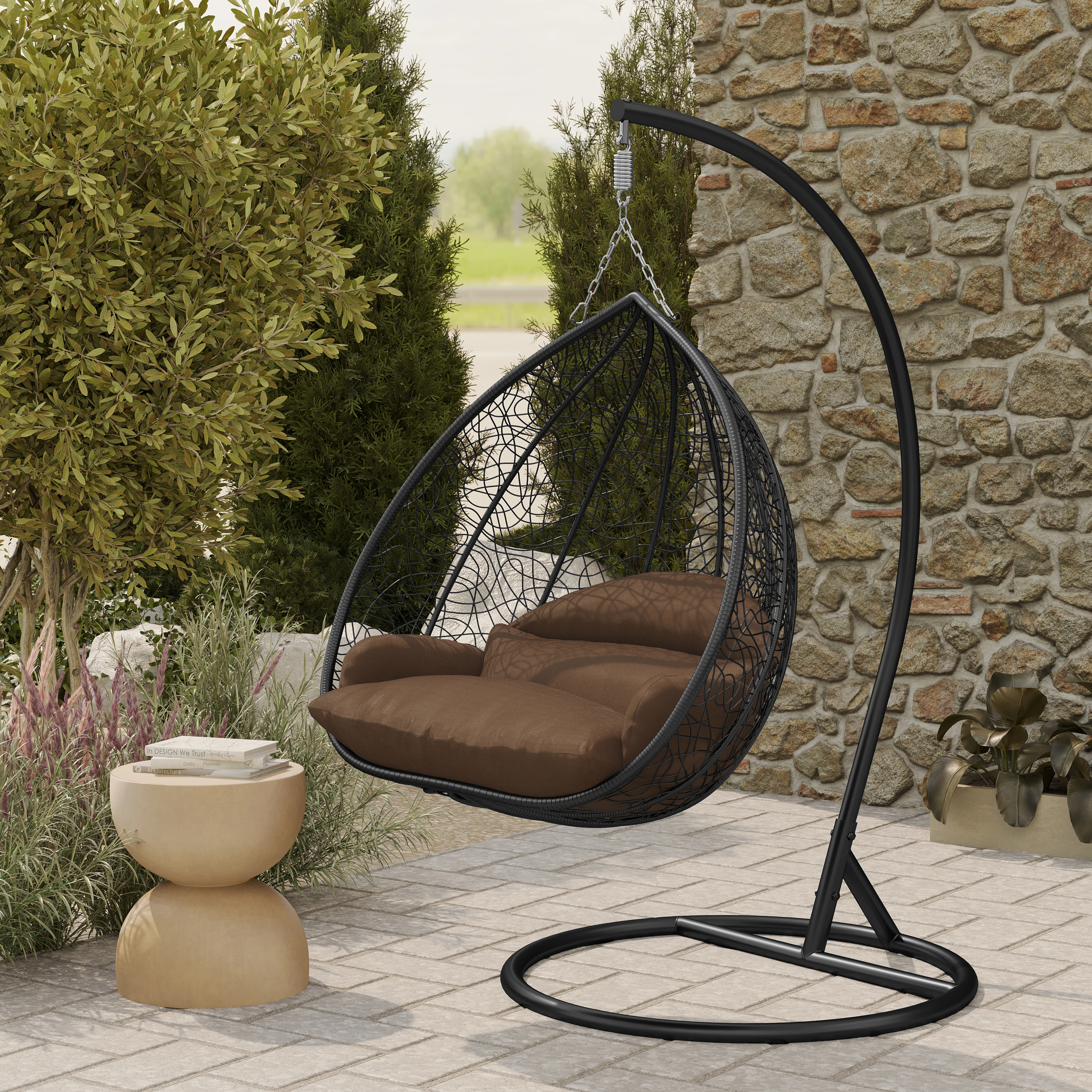 Recluse Collection Modern Outdoor Swing Chair Black Frame with ES57 Brown Cushion