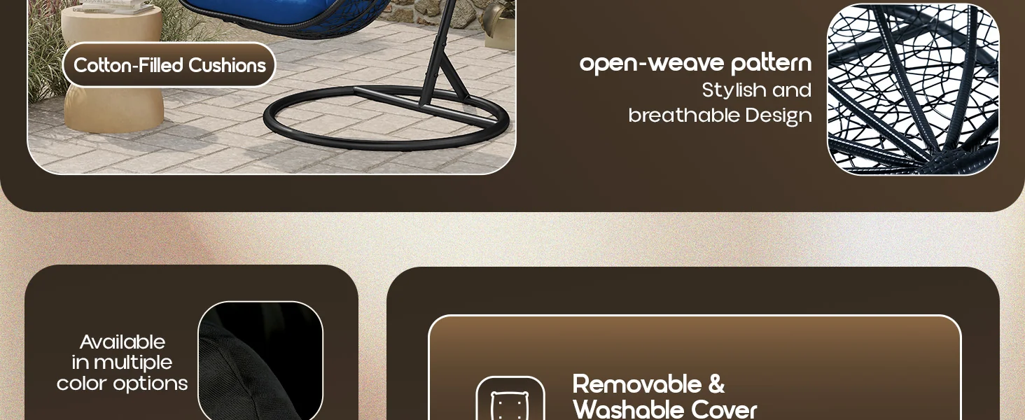 Recluse Collection Modern Outdoor Swing Chair Black Frame with ES57 Blue Cushion