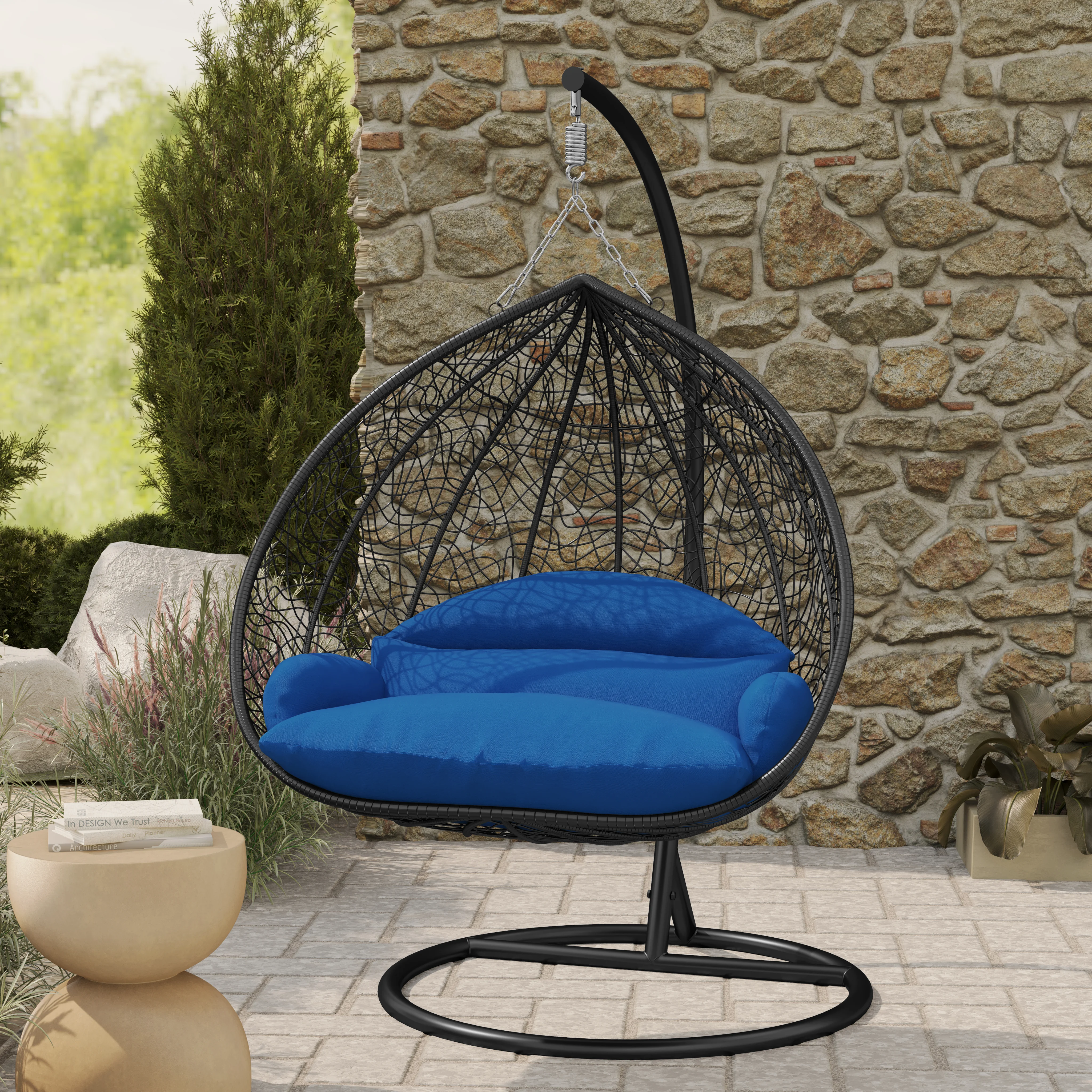 Recluse Collection Modern Outdoor Swing Chair Black Frame with ES57 Blue Cushion