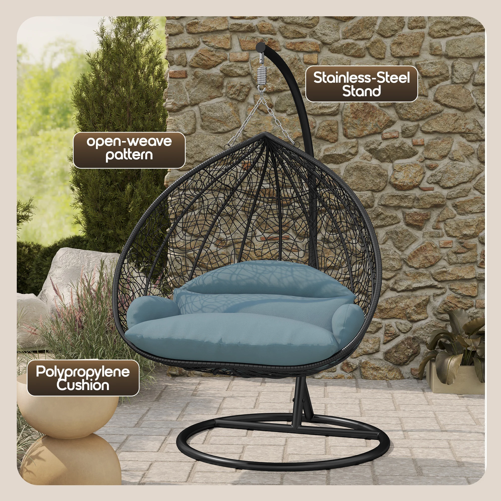 Recluse Collection Modern Outdoor Swing Chair Black Frame with ES57 Charcoal Blue Cushion