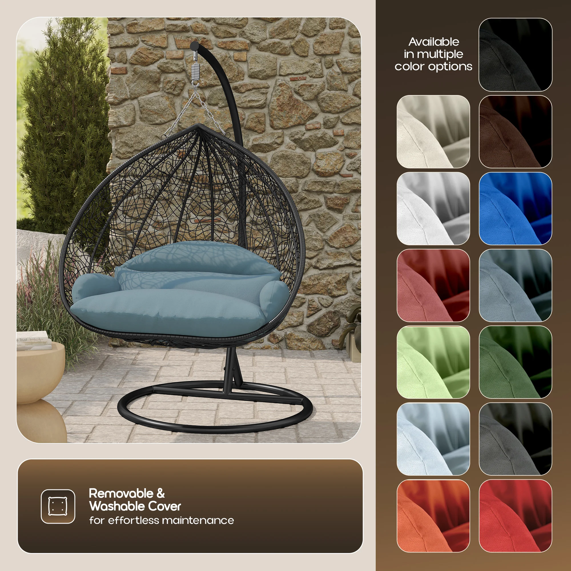Recluse Collection Modern Outdoor Swing Chair Black Frame with ES57 Charcoal Blue Cushion