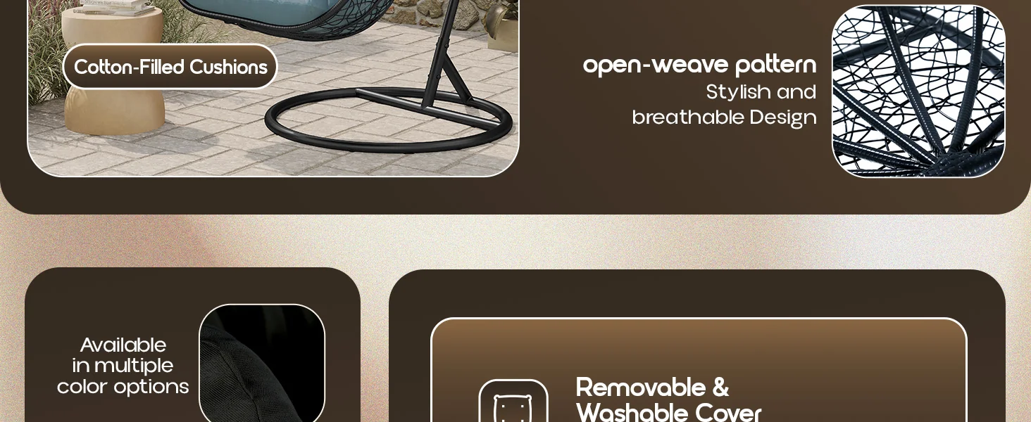 Recluse Collection Modern Outdoor Swing Chair Black Frame with ES57 Charcoal Blue Cushion