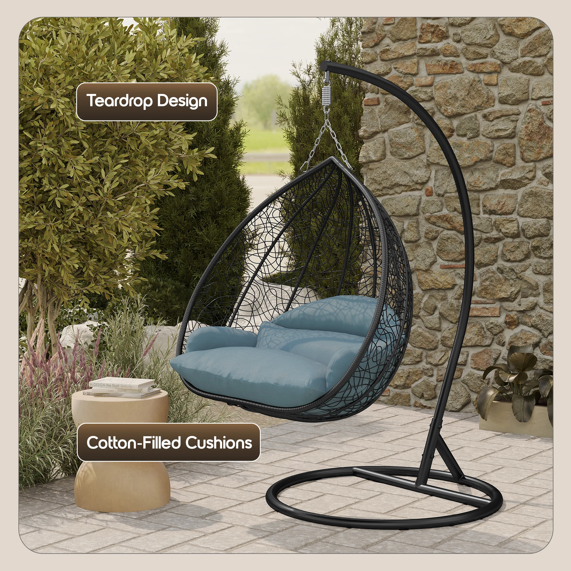 Recluse Collection Modern Outdoor Swing Chair Black Frame with ES57 Charcoal Blue Cushion
