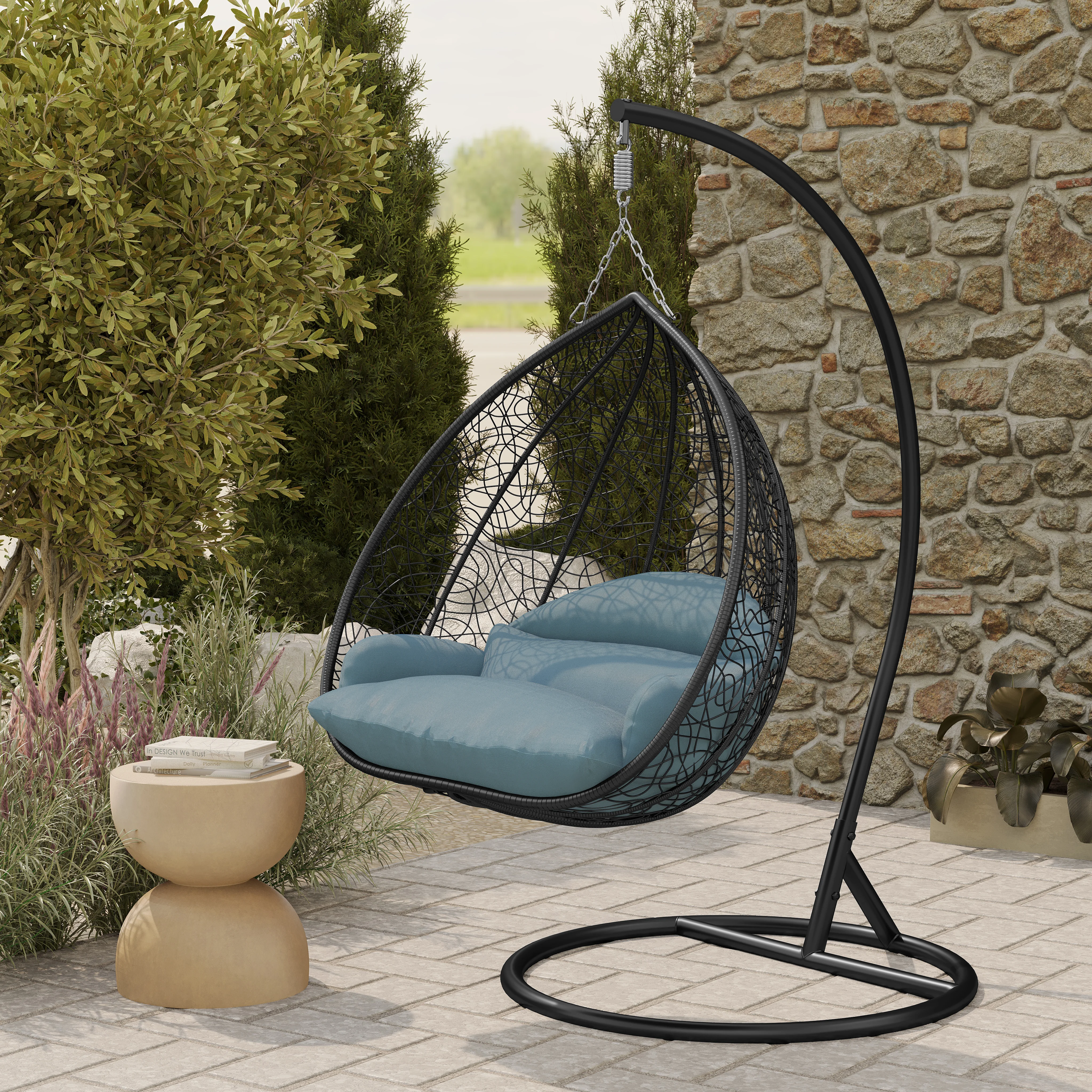 Recluse Collection Modern Outdoor Swing Chair Black Frame with ES57 Charcoal Blue Cushion