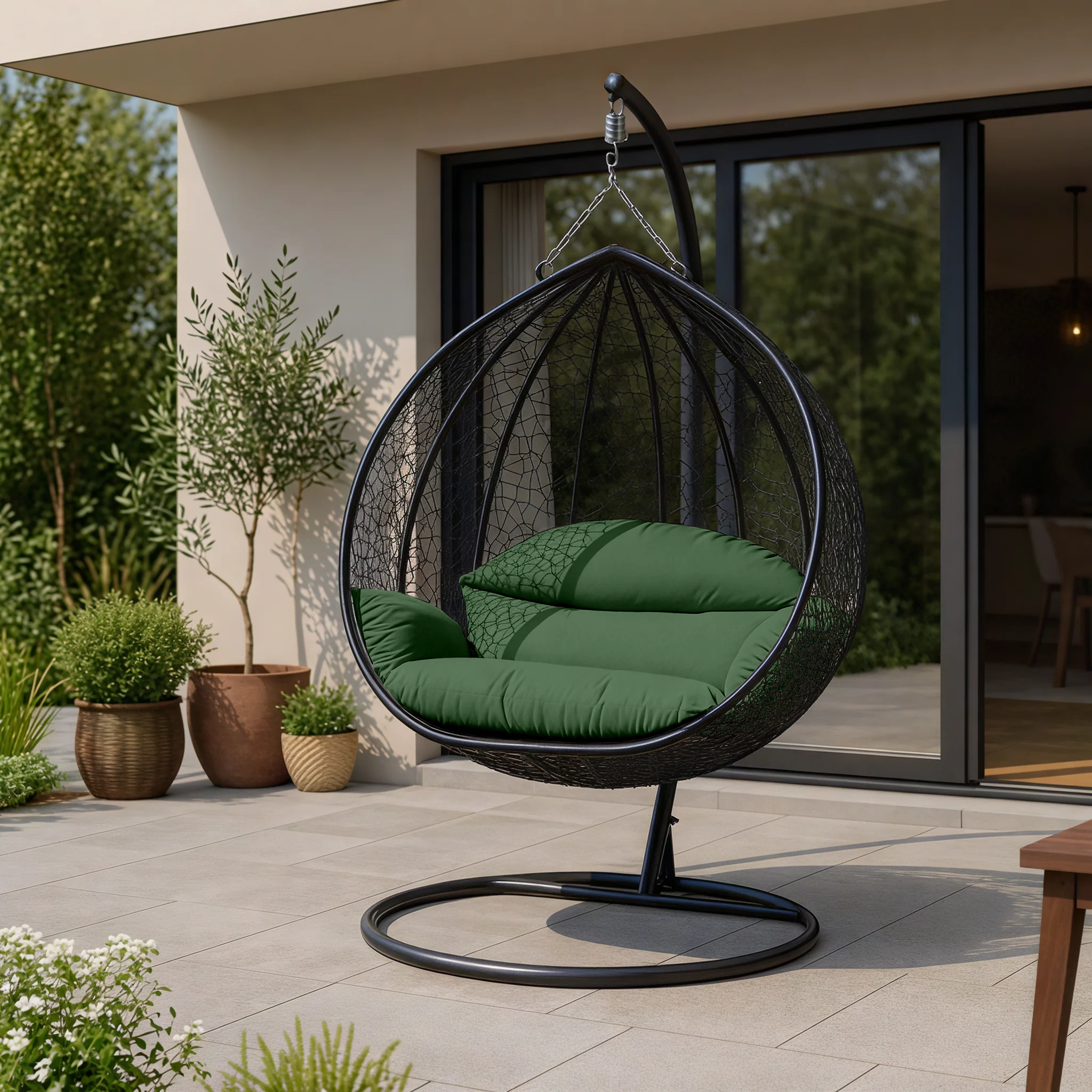 Recluse Collection Modern Outdoor Swing Chair Black Frame with ES57 Dark Green Cushion