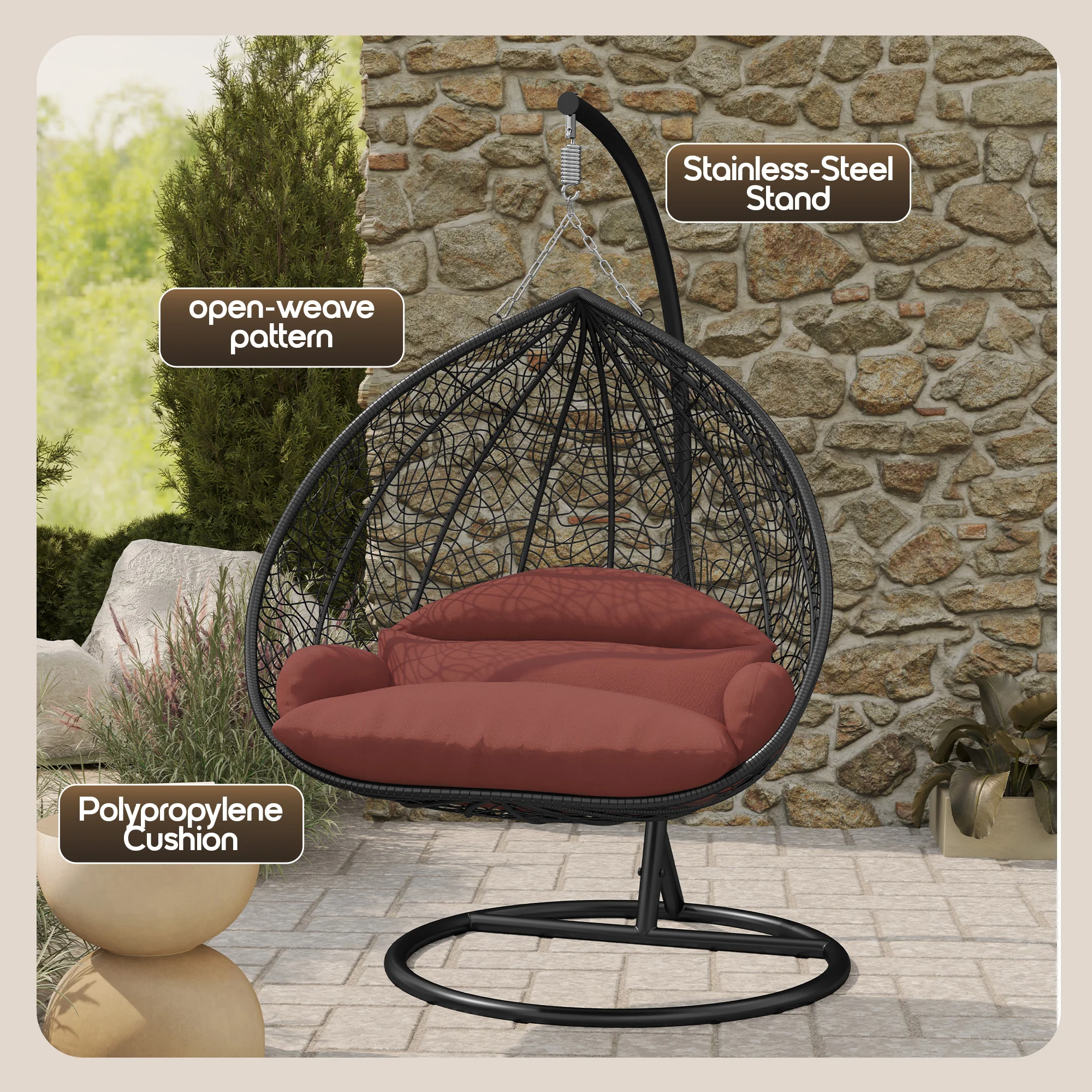 Recluse Collection Modern Outdoor Swing Chair Black Frame with ES57 Dark Orange Cushion