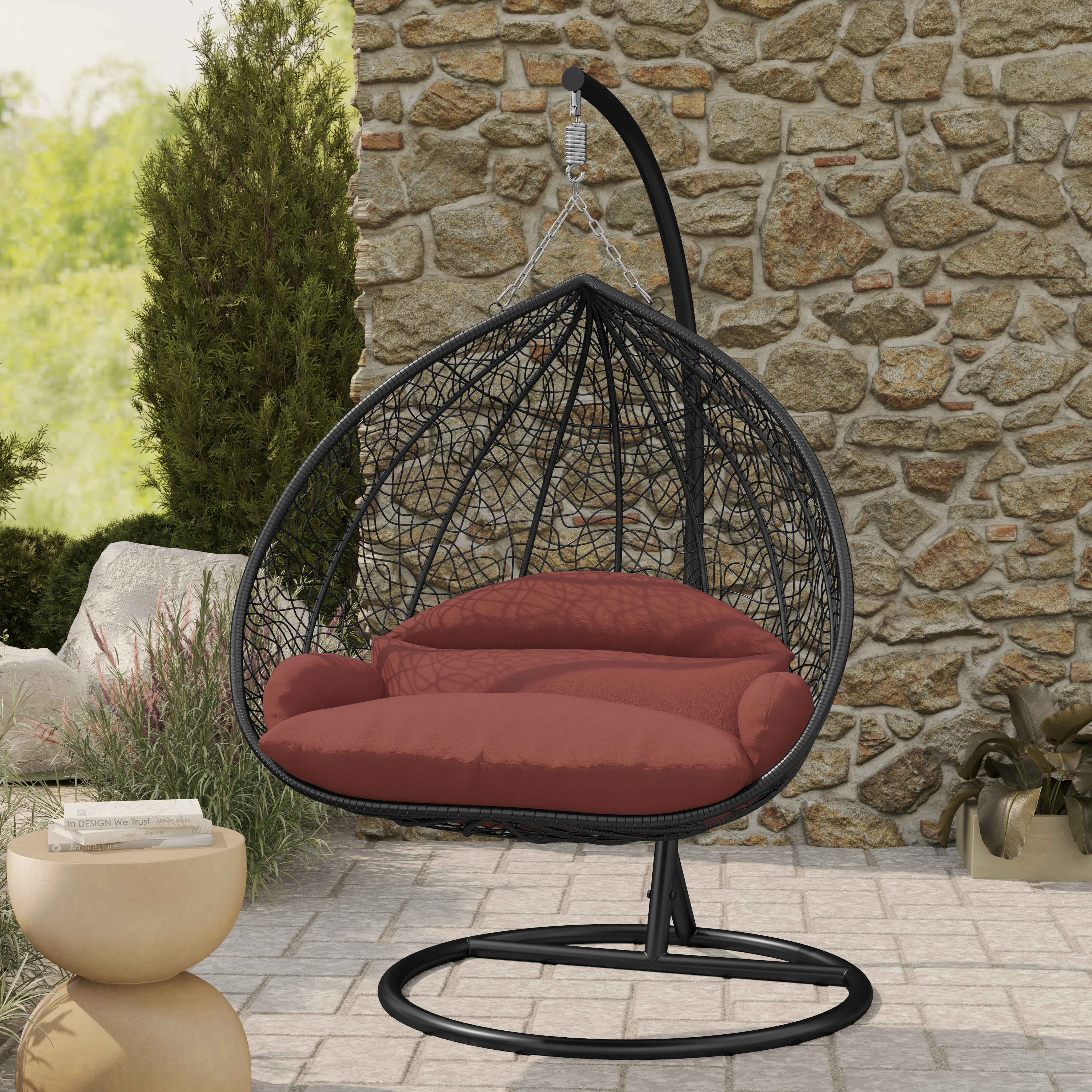 Recluse Collection Modern Outdoor Swing Chair Black Frame with ES57 Dark Orange Cushion