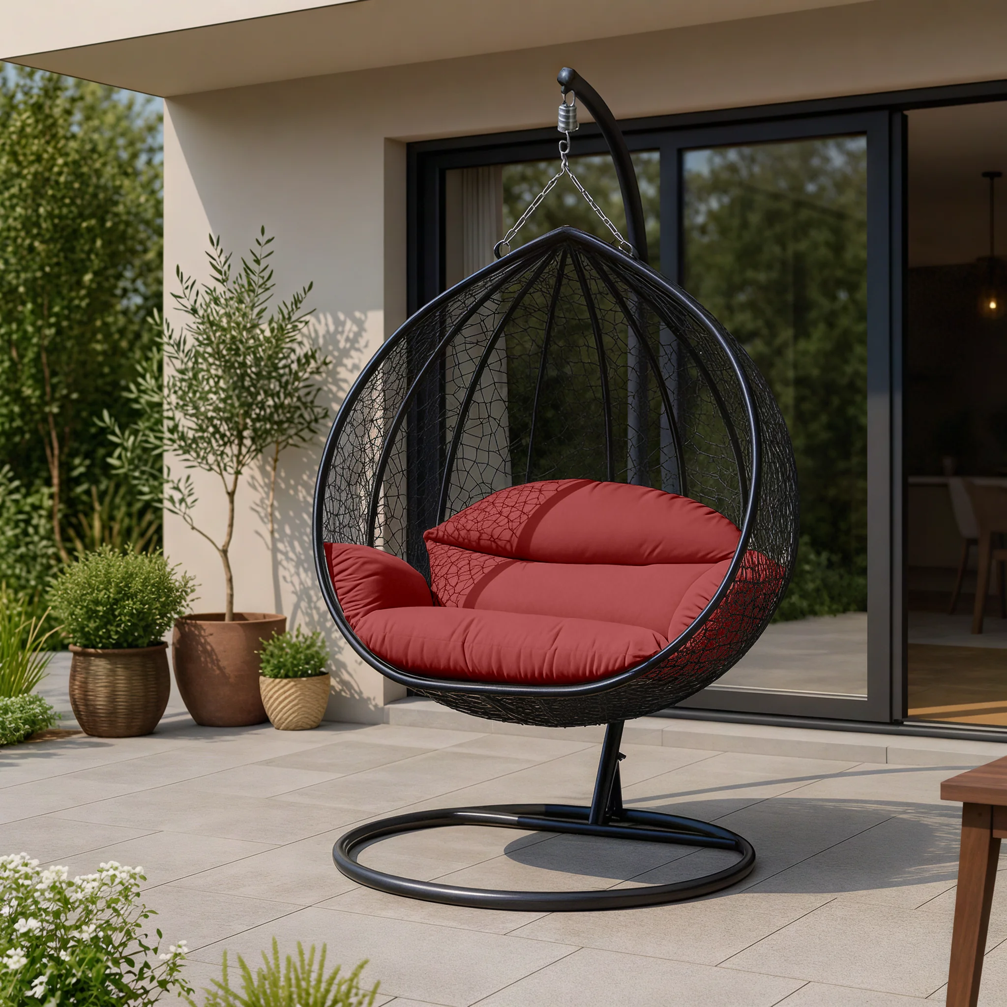 Recluse Collection Modern Outdoor Swing Chair Black Frame with ES57 Dark Orange Cushion