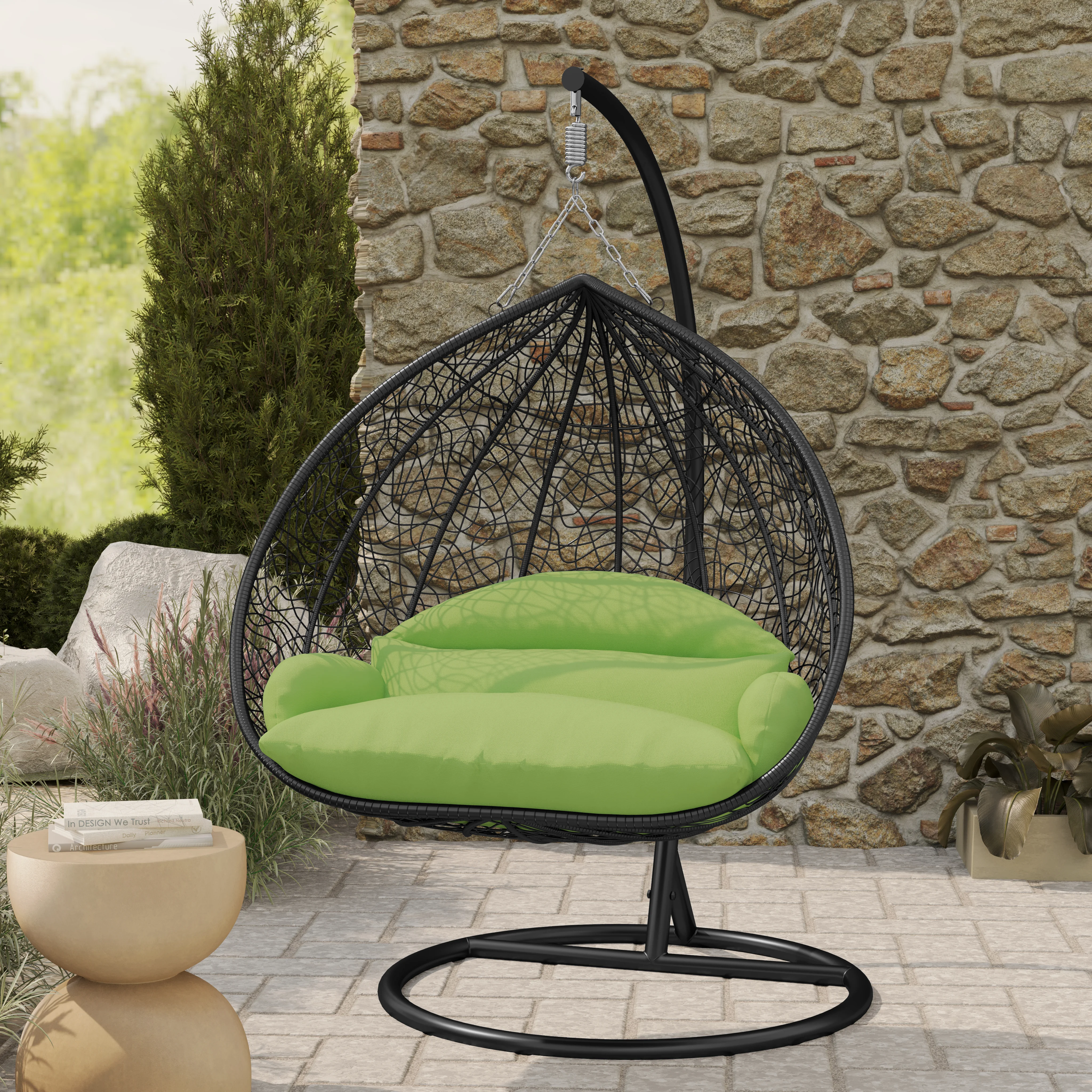 Recluse Collection Modern Outdoor Swing Chair Black Frame with ES57 Light Green Cushion