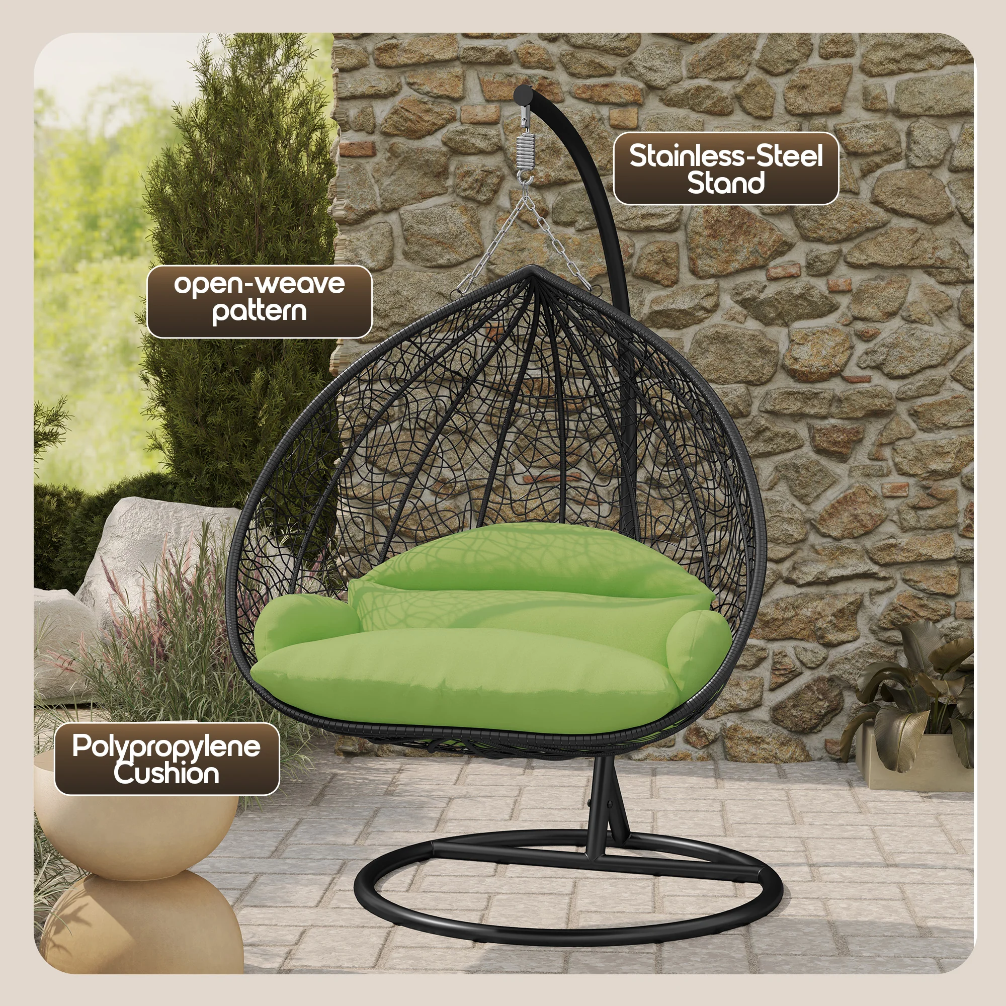 Recluse Collection Modern Outdoor Swing Chair Black Frame with ES57 Light Green Cushion