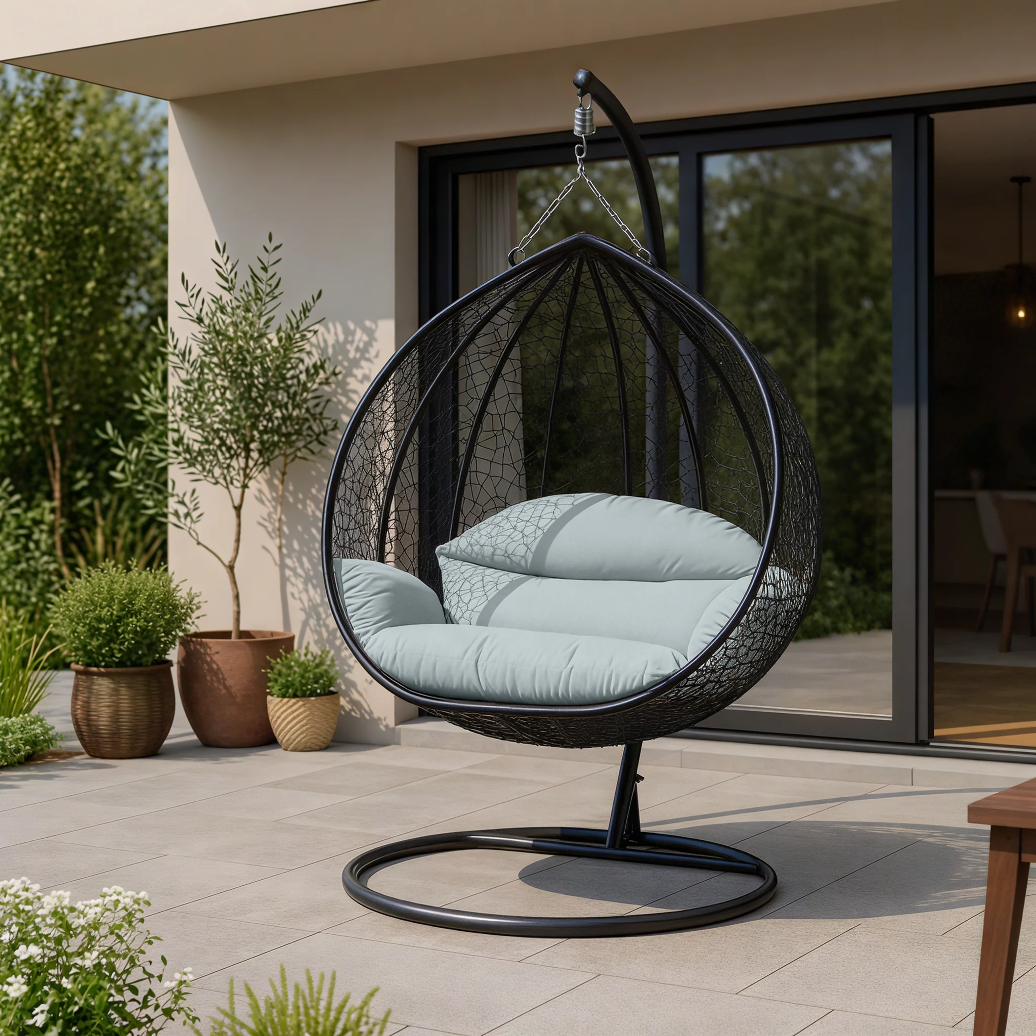 Recluse Collection Modern Outdoor Swing Chair Black Frame with ES57 Light Grey Cushion