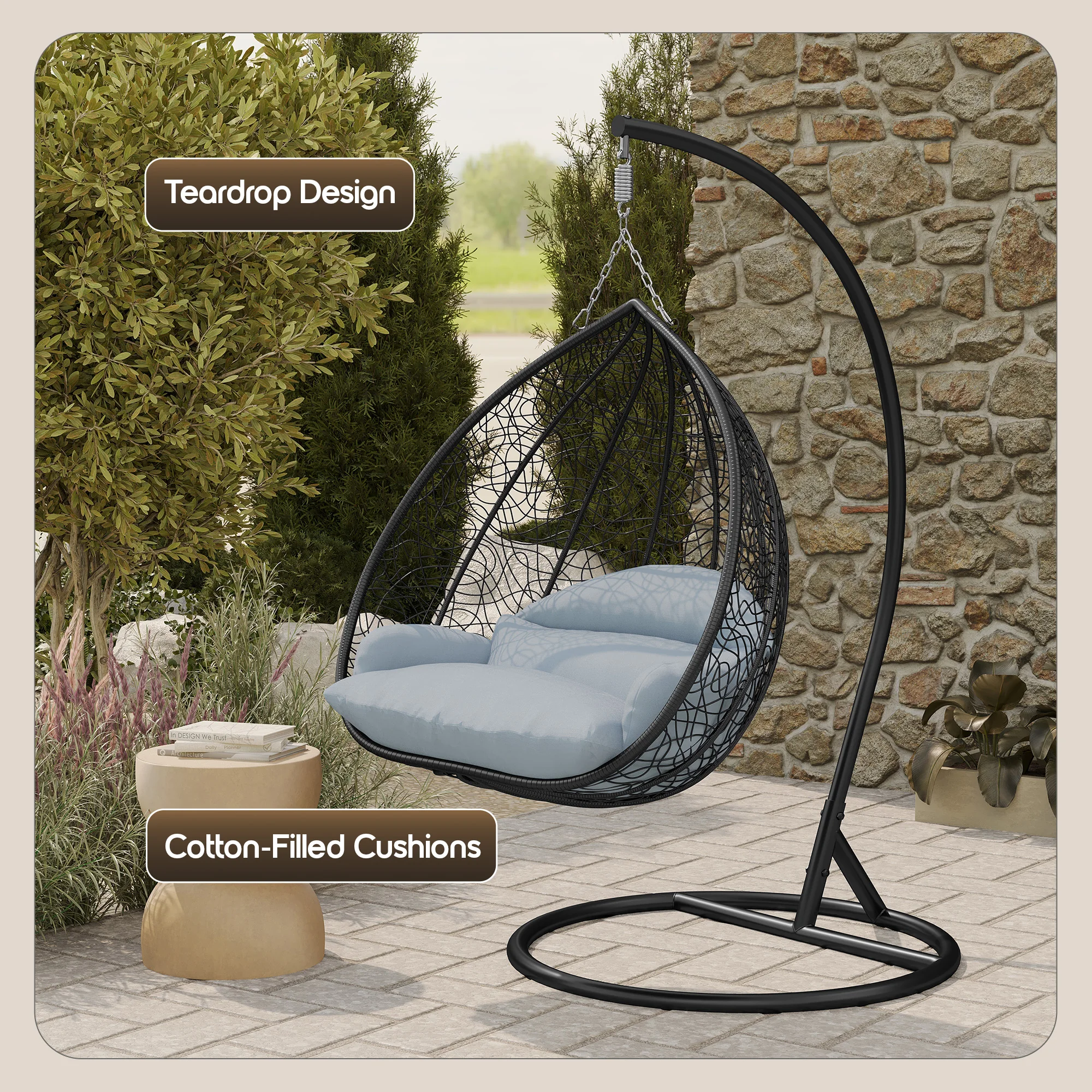 Recluse Collection Modern Outdoor Swing Chair Black Frame with ES57 Light Grey Cushion
