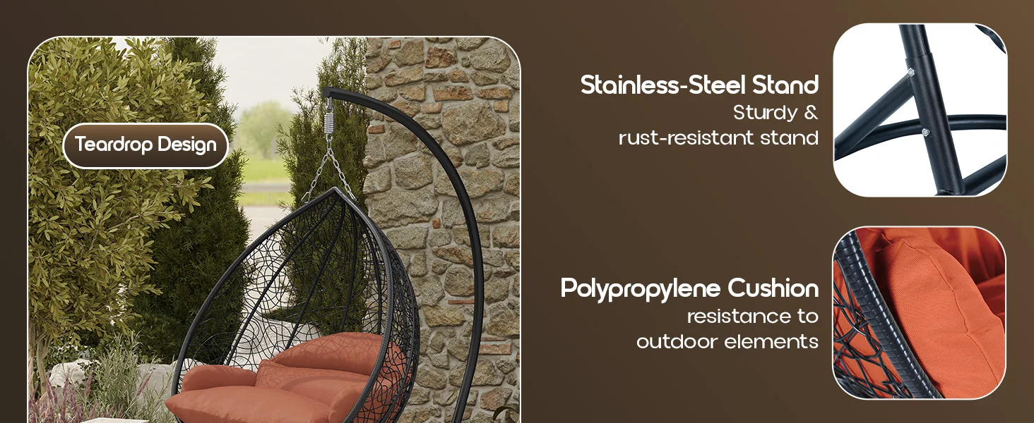 Recluse Collection Modern Outdoor Swing Chair Black Frame with ES57 Orange Cushion