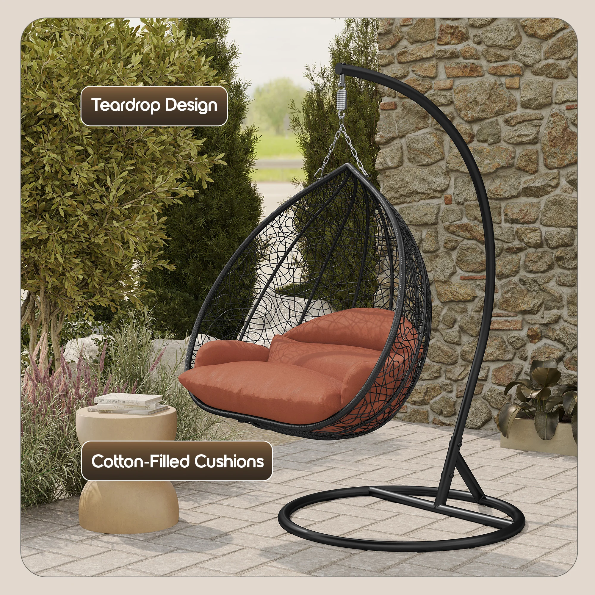 Recluse Collection Modern Outdoor Swing Chair Black Frame with ES57 Orange Cushion