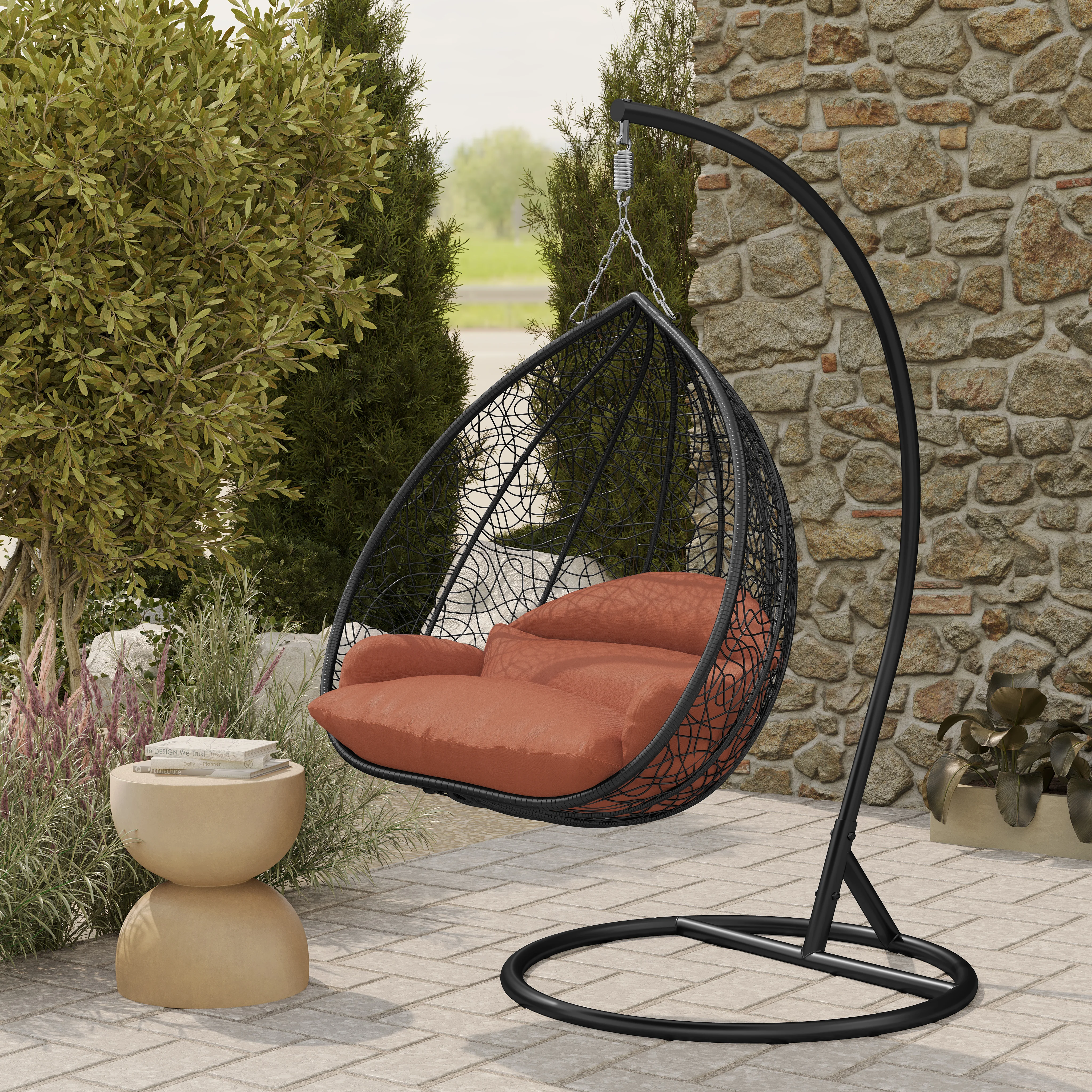 Recluse Collection Modern Outdoor Swing Chair Black Frame with ES57 Orange Cushion