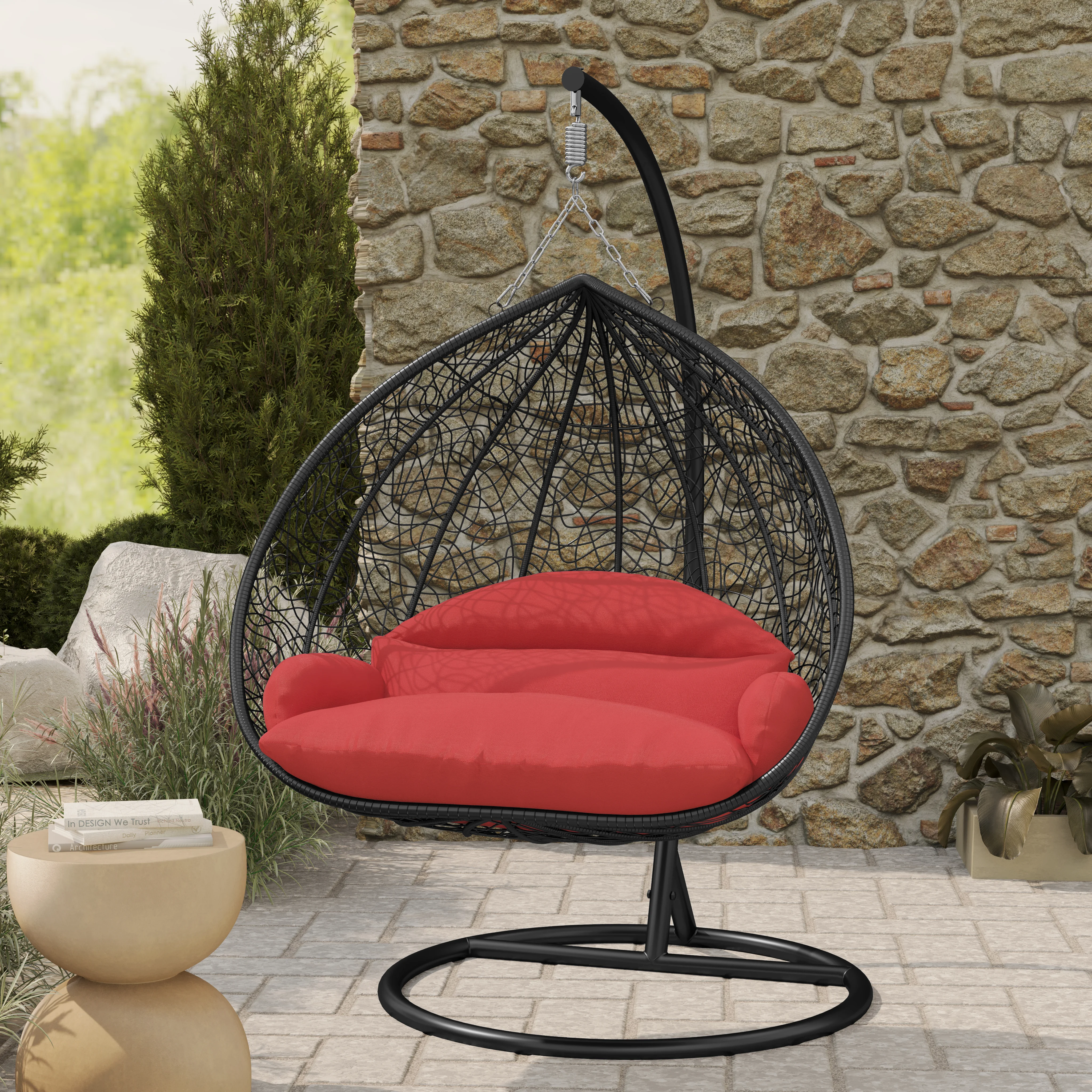 Recluse Collection Modern Outdoor Swing Chair Black Frame with ES57 Red Cushion