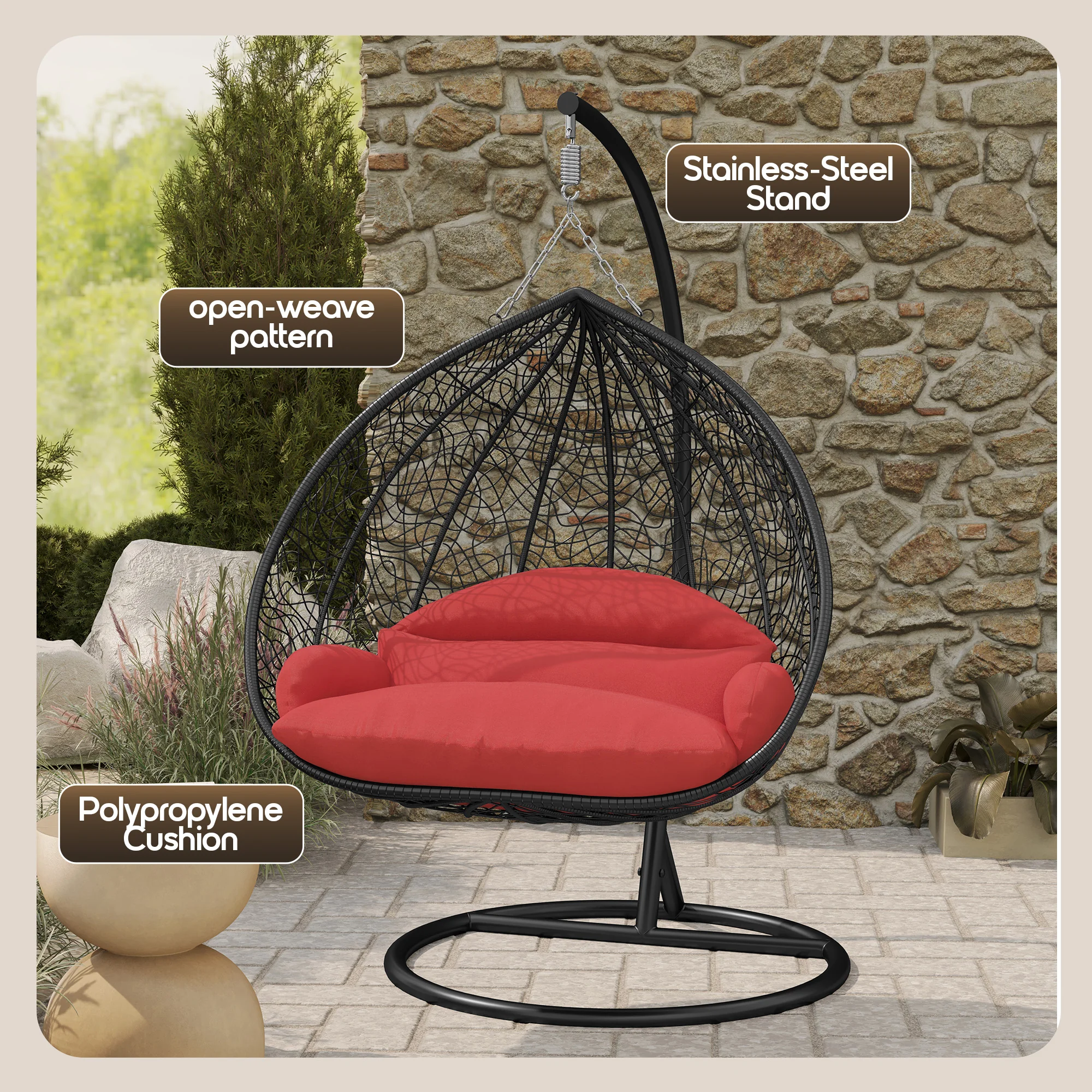 Recluse Collection Modern Outdoor Swing Chair Black Frame with ES57 Red Cushion