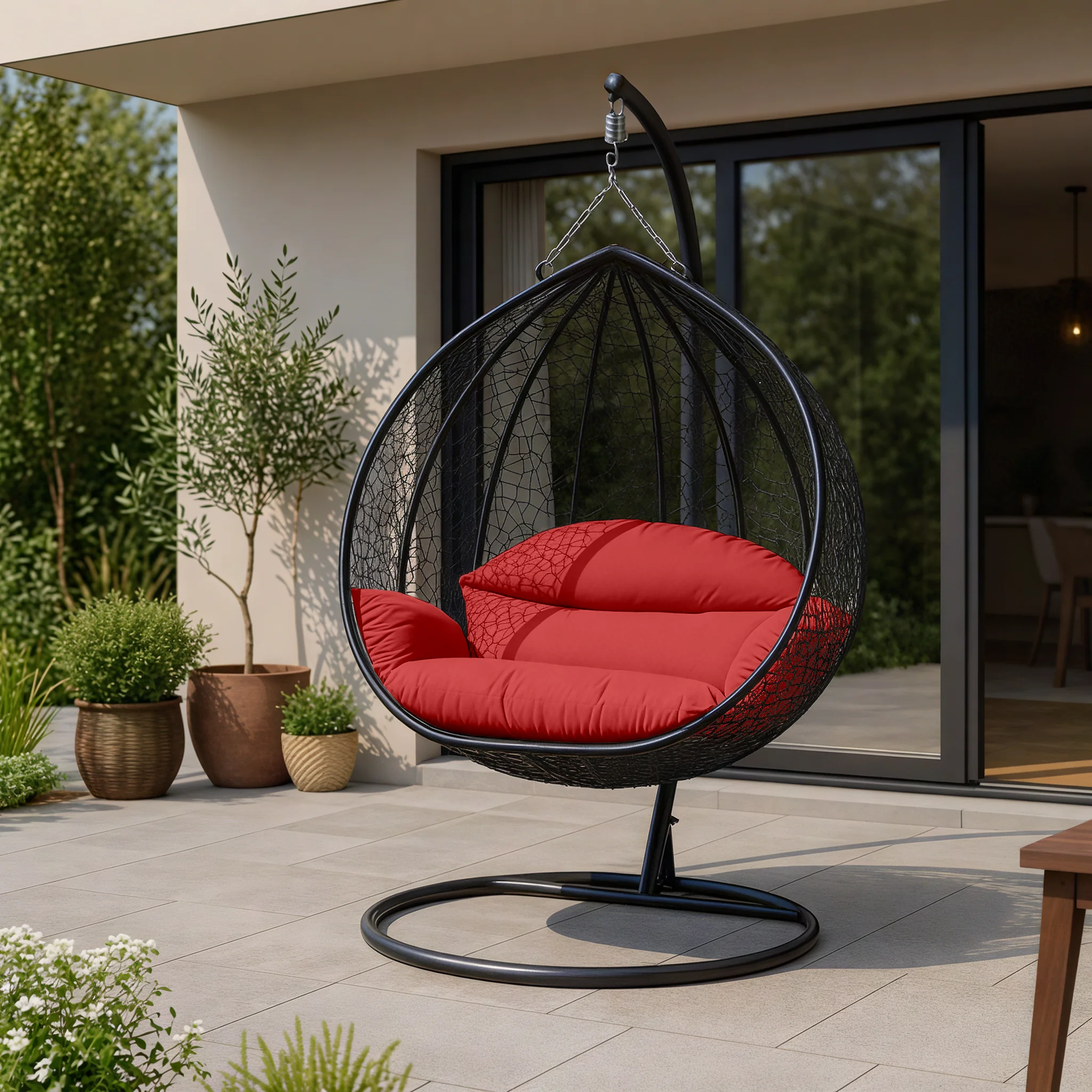 Recluse Collection Modern Outdoor Swing Chair Black Frame with ES57 Red Cushion