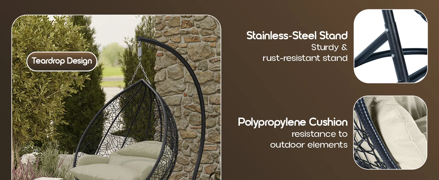 Recluse Collection Modern Outdoor Swing Chair Black Frame with ES57 Taupe Cushion