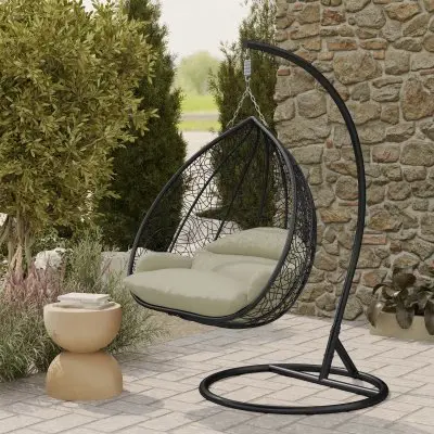 Recluse Collection Modern Outdoor Swing Chair Black Frame with ES57 Taupe Cushion