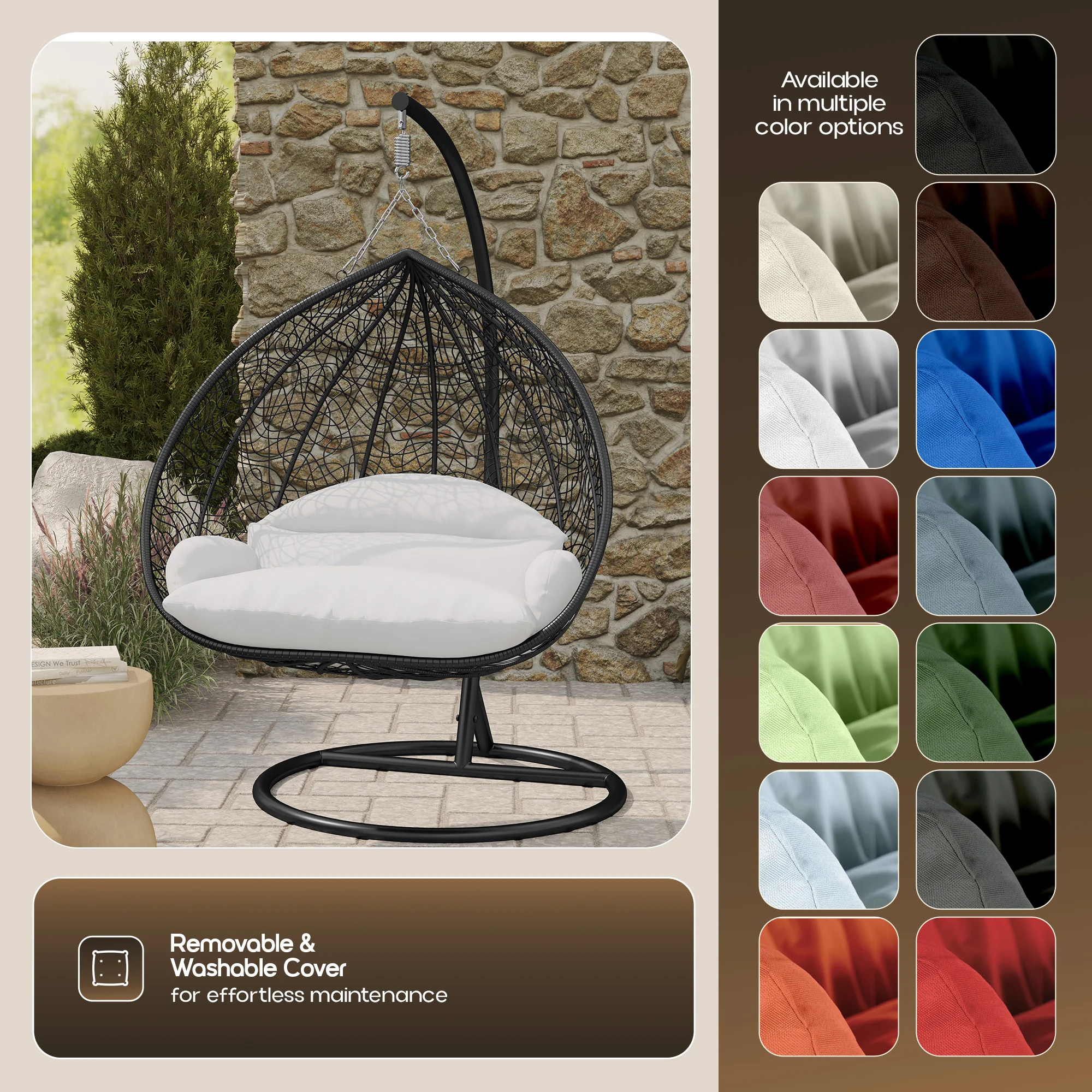 Recluse Collection Modern Outdoor Swing Chair Black Frame with ES57 White Cushion