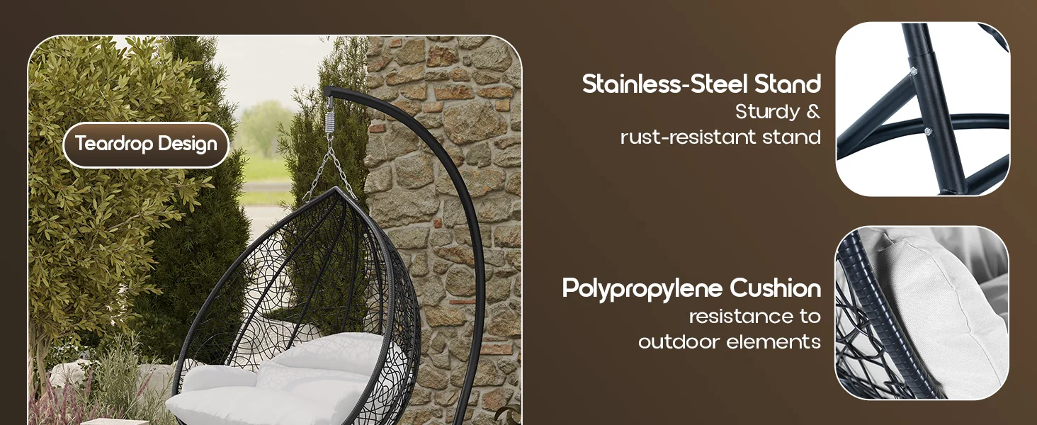 Recluse Collection Modern Outdoor Swing Chair Black Frame with ES57 White Cushion