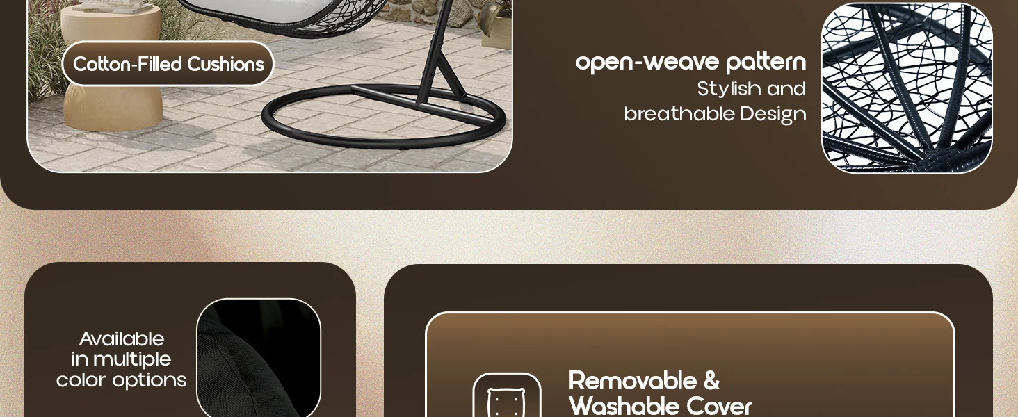 Recluse Collection Modern Outdoor Swing Chair Black Frame with ES57 White Cushion